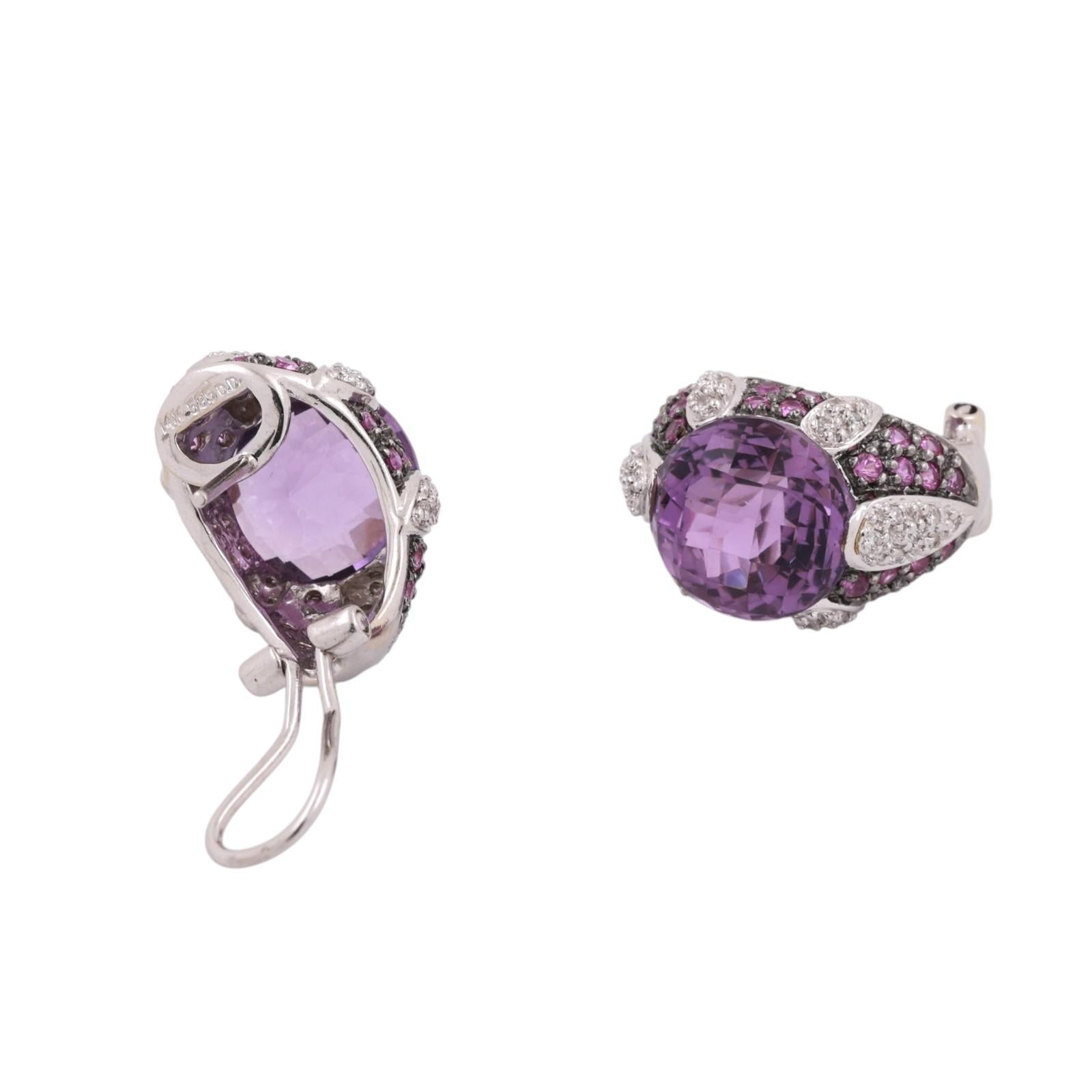 Pink Sapphire Amethyst Diamond Earrings 14K White Gold 9.00 CTW 0.47" Ladies