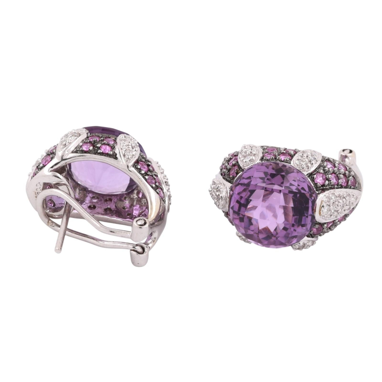 Pink Sapphire Amethyst Diamond Earrings 14K White Gold 9.00 CTW 0.47" Ladies