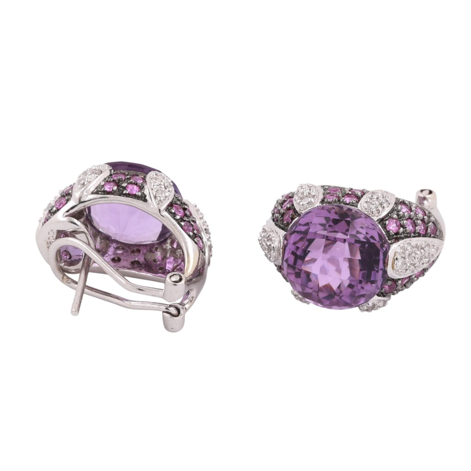 Pink Sapphire Amethyst Diamond Earrings 14K White Gold 9.00 CTW 0.47" Ladies