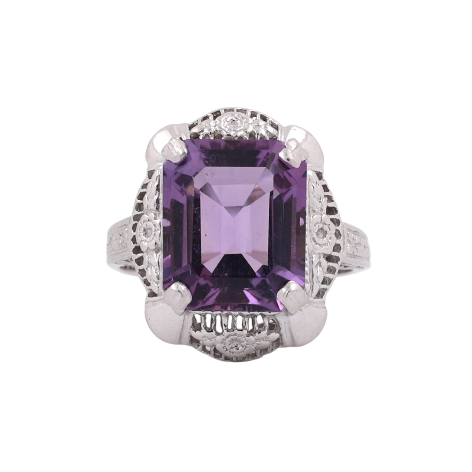 Solitaire Emerald Cut Amethyst Filigree Ring 14K White Gold 5.90 CT Size 6