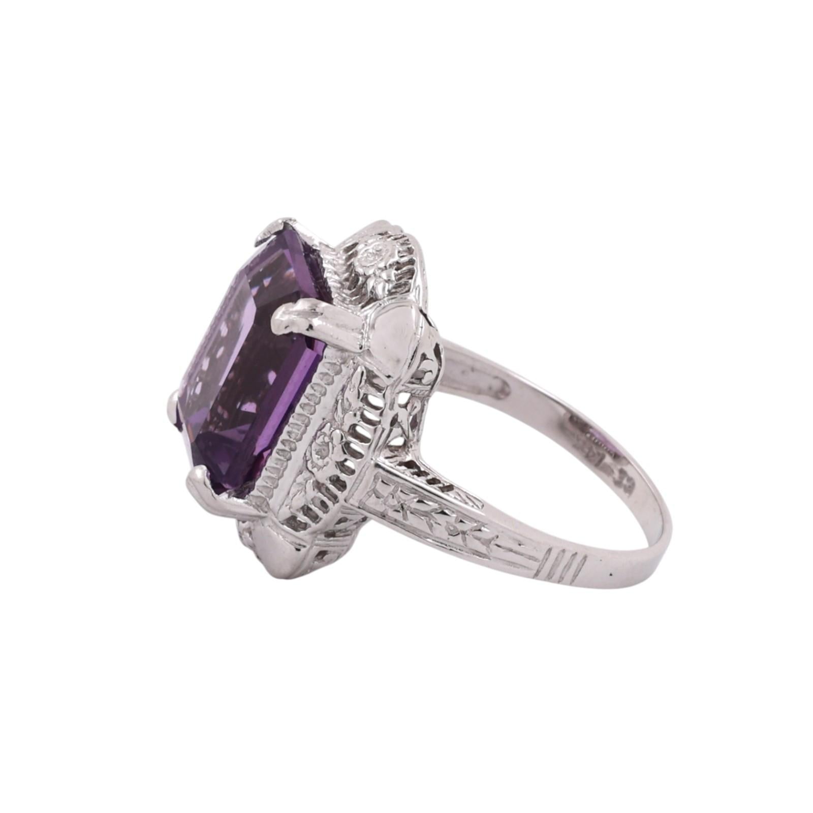 Solitaire Emerald Cut Amethyst Filigree Ring 14K White Gold 5.90 CT Size 6