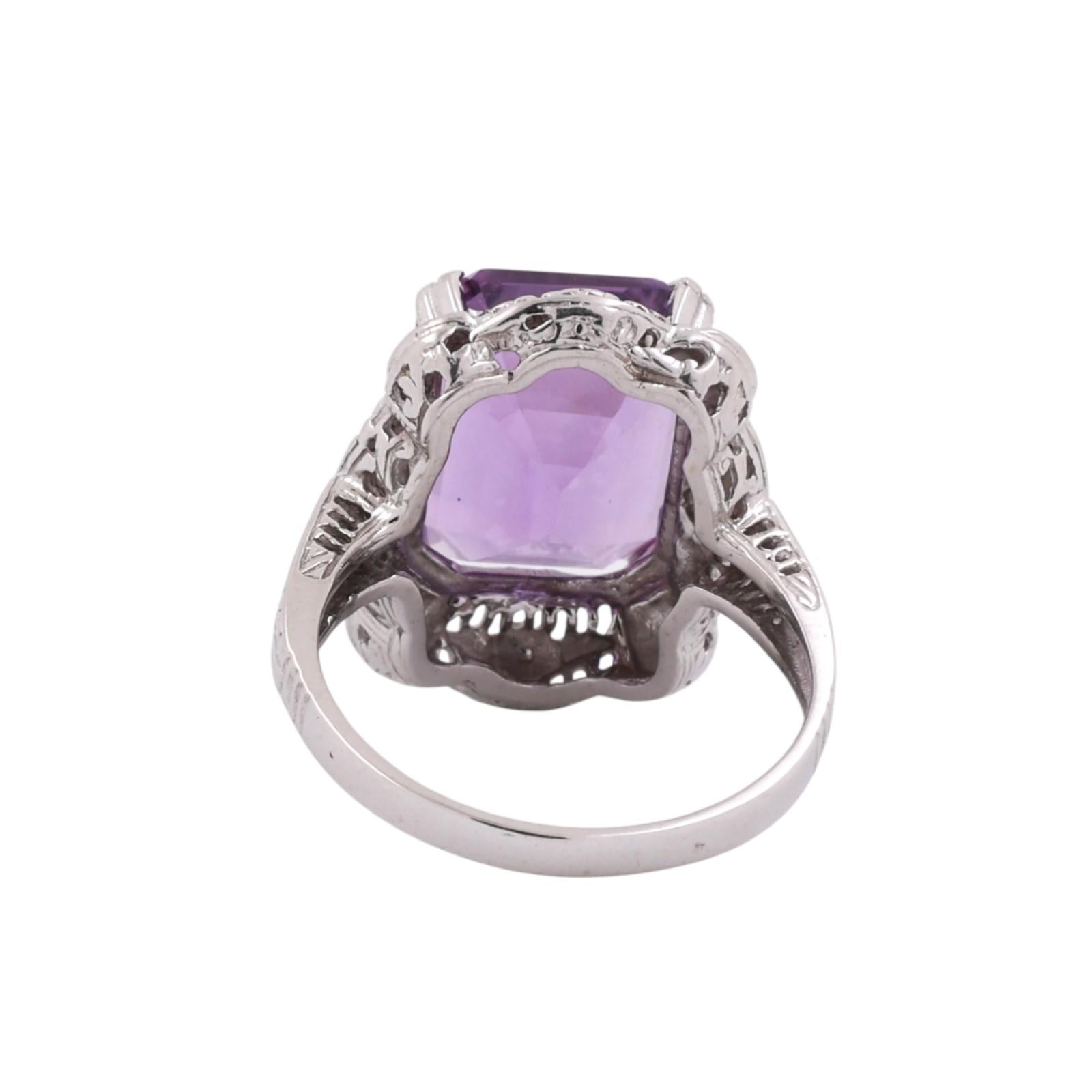 Solitaire Emerald Cut Amethyst Filigree Ring 14K White Gold 5.90 CT Size 6