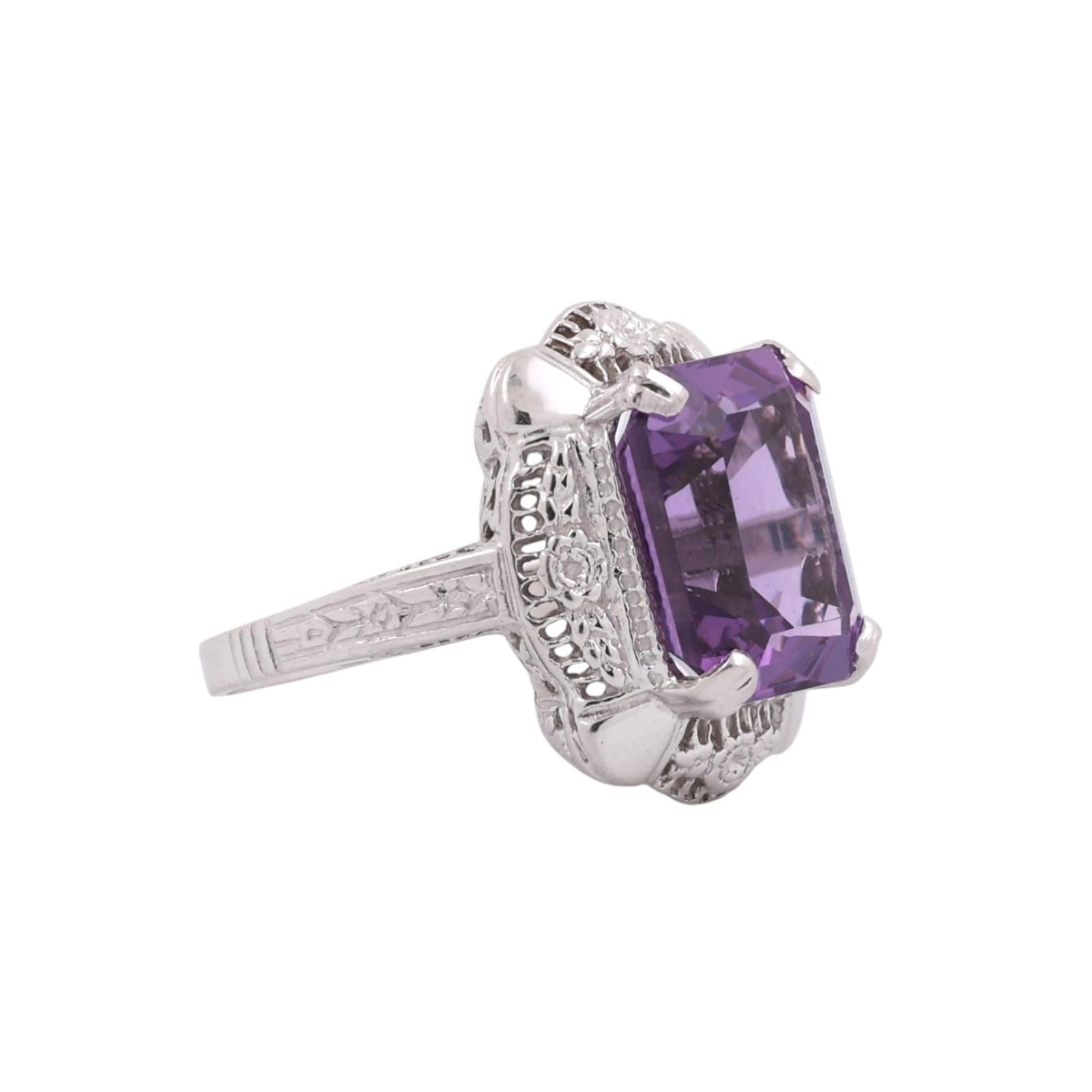 Solitaire Emerald Cut Amethyst Filigree Ring 14K White Gold 5.90 CT Size 6