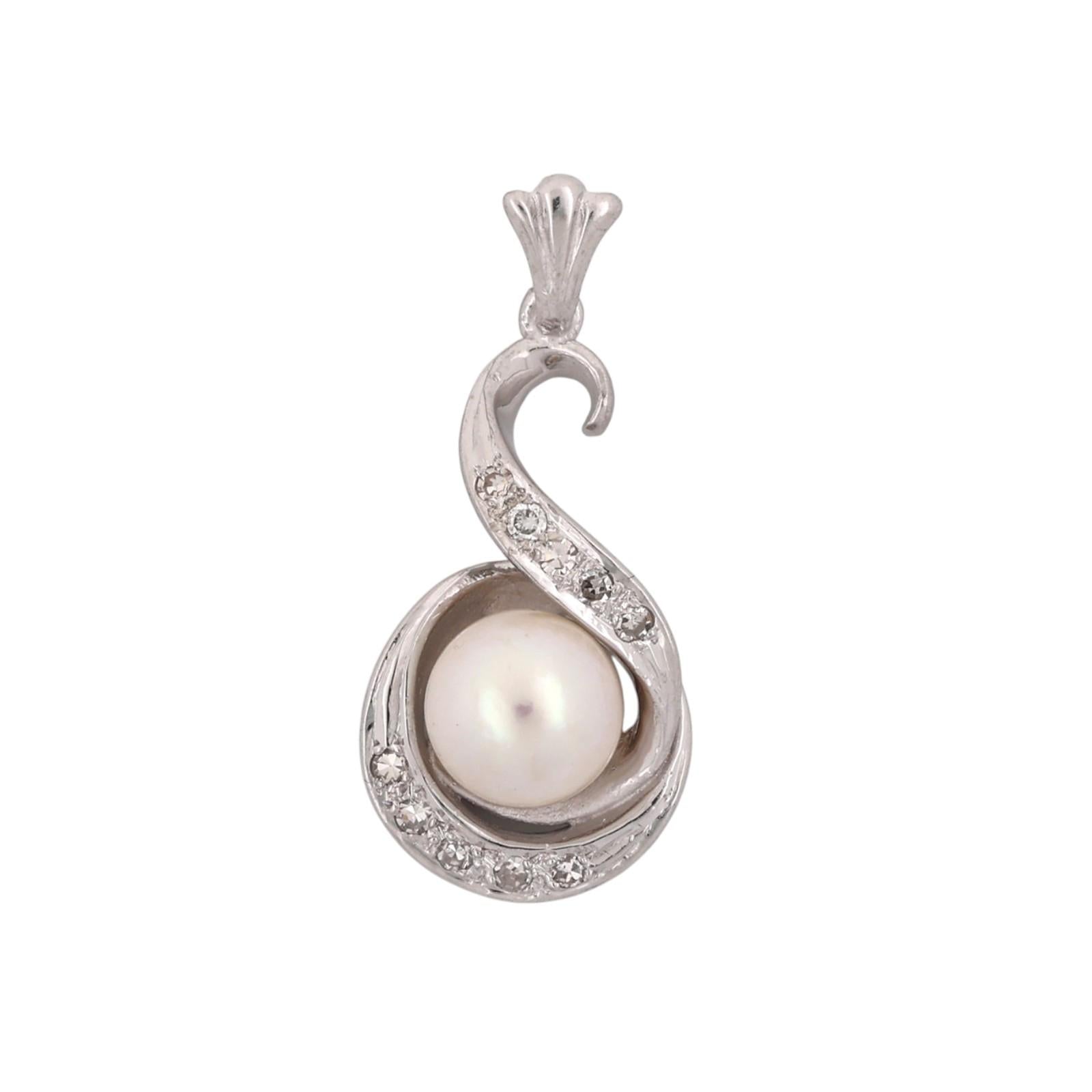 Akoya Pearl Diamond Swirl Pendant White Gold 0.10 CTW 6.85mm Estate