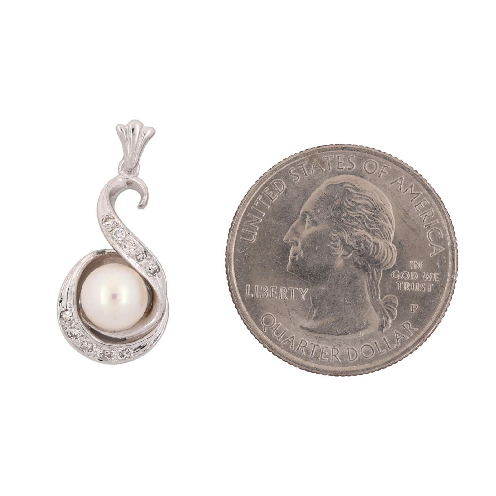 Akoya Pearl Diamond Swirl Pendant White Gold 0.10 CTW 6.85mm Estate