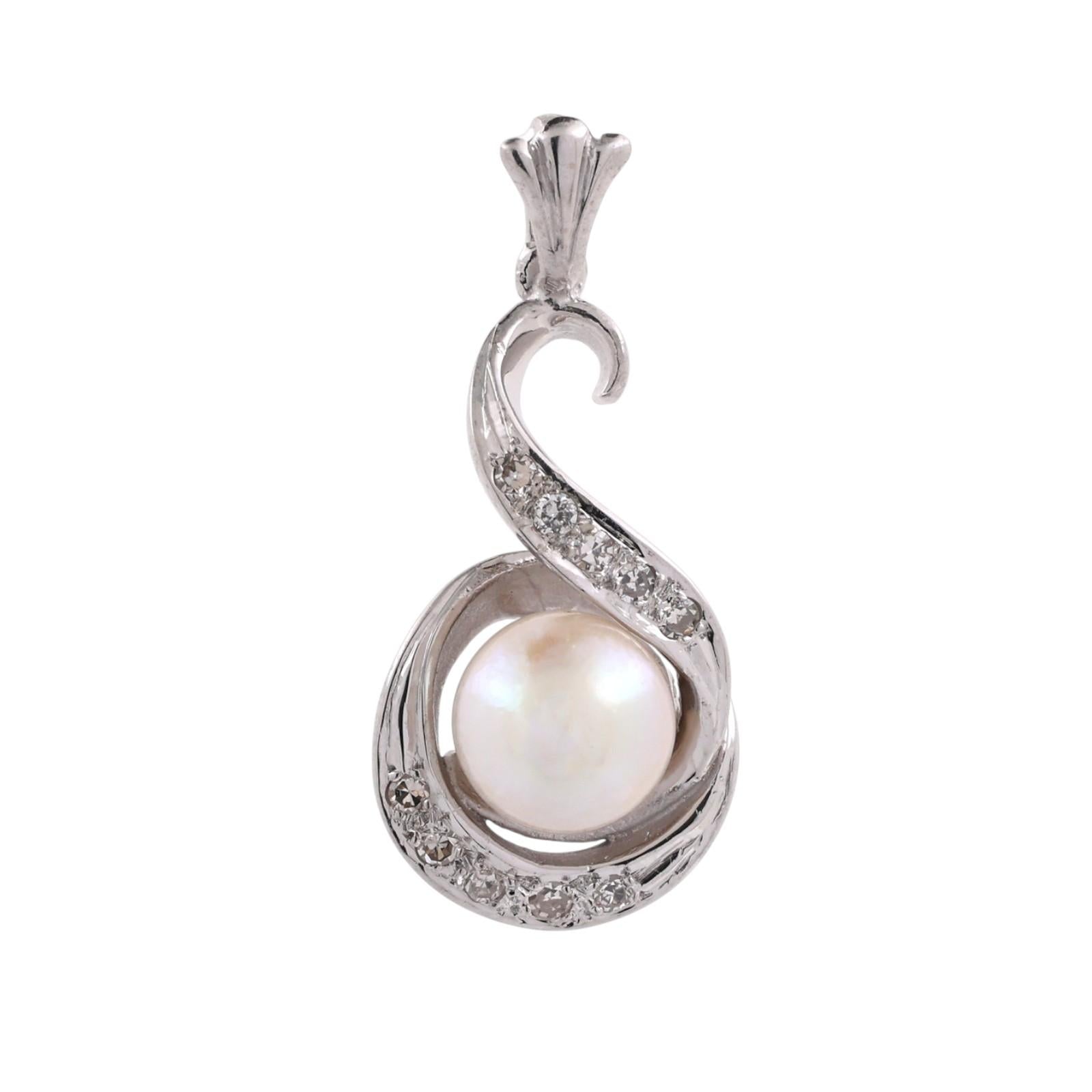 Akoya Pearl Diamond Swirl Pendant White Gold 0.10 CTW 6.85mm Estate