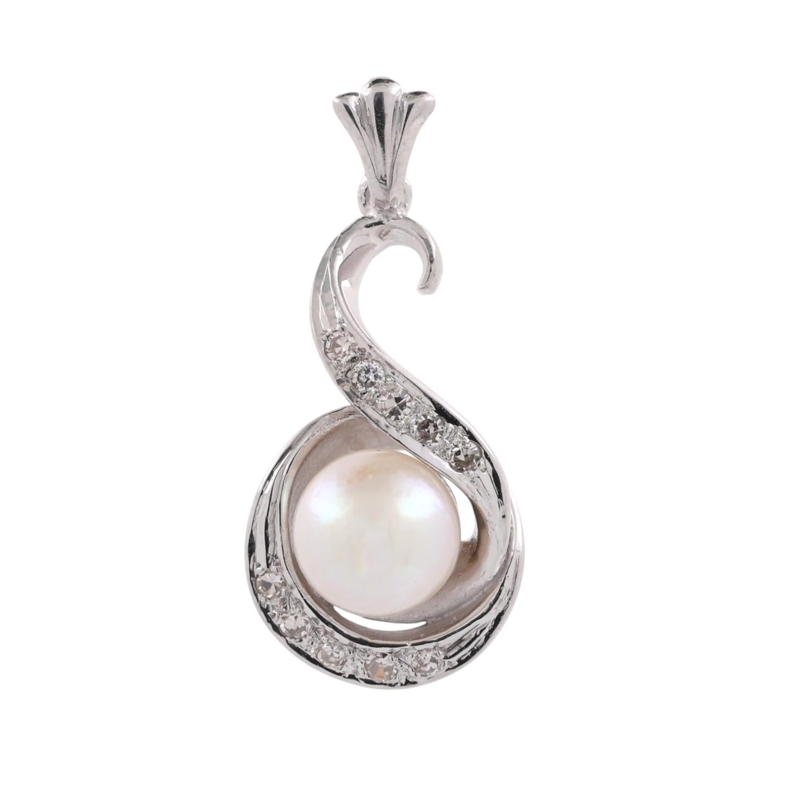 Akoya Pearl Diamond Swirl Pendant White Gold 0.10 CTW 6.85mm Estate