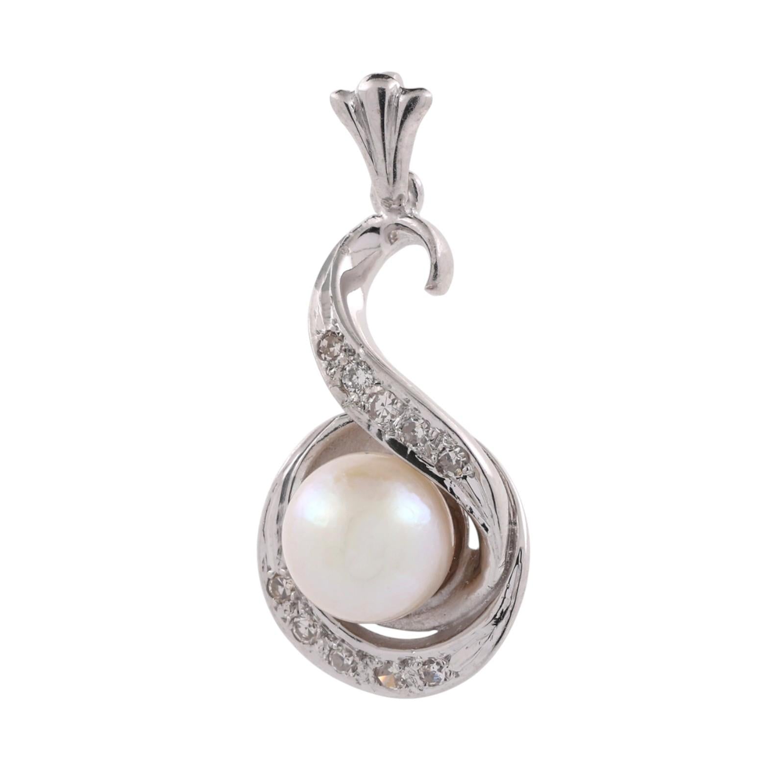 Akoya Pearl Diamond Swirl Pendant White Gold 0.10 CTW 6.85mm Estate