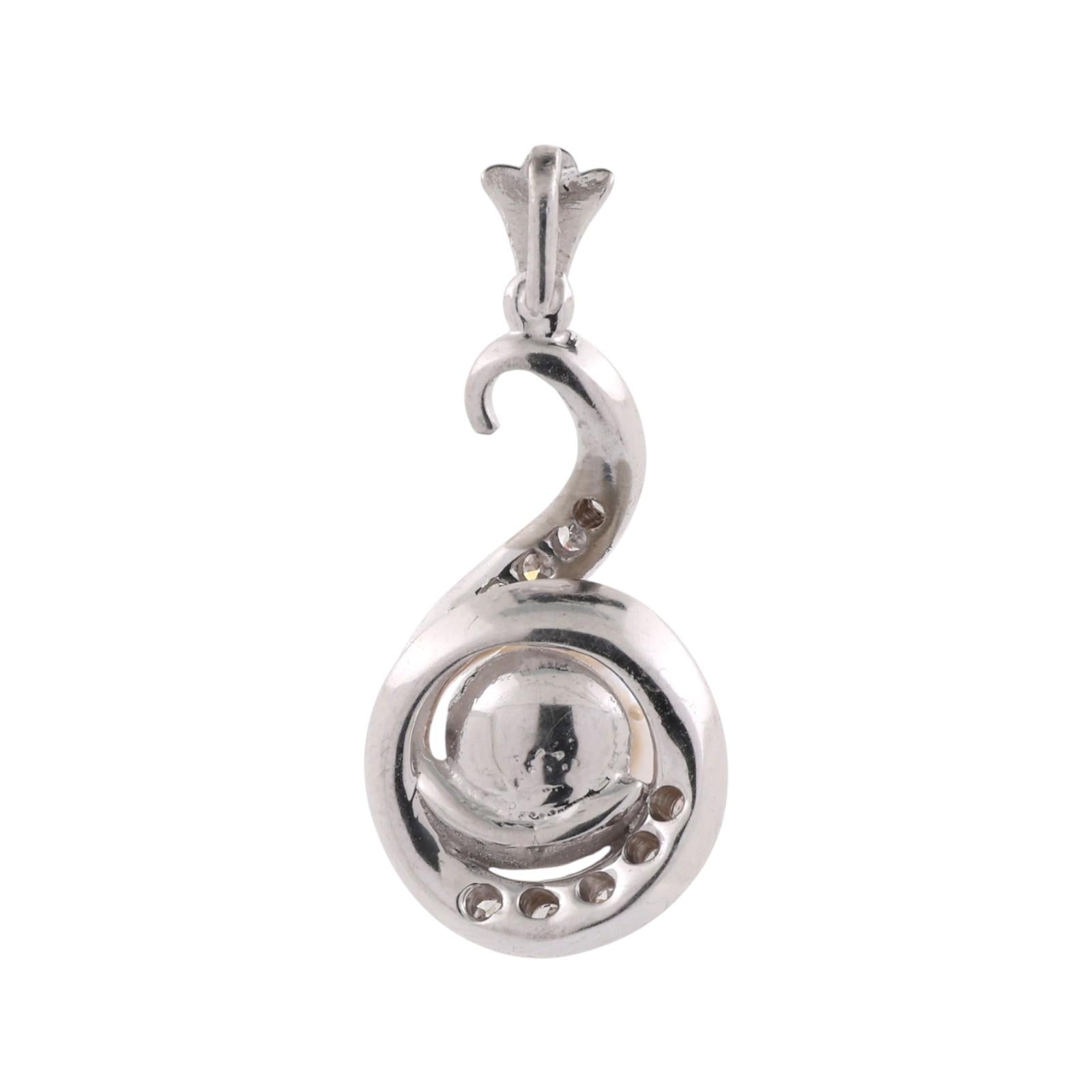 Akoya Pearl Diamond Swirl Pendant White Gold 0.10 CTW 6.85mm Estate