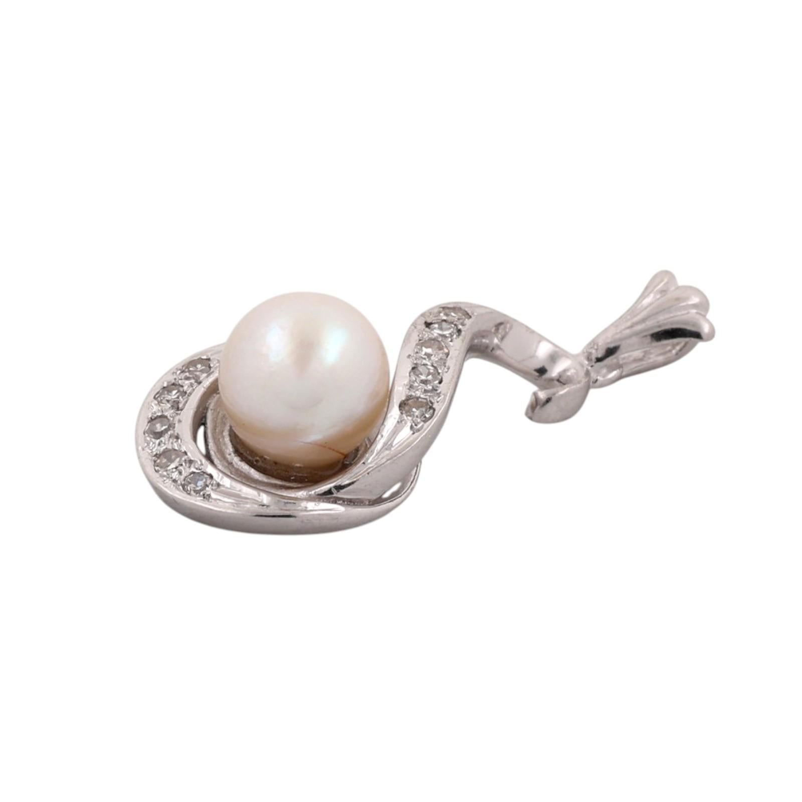 Akoya Pearl Diamond Swirl Pendant White Gold 0.10 CTW 6.85mm Estate