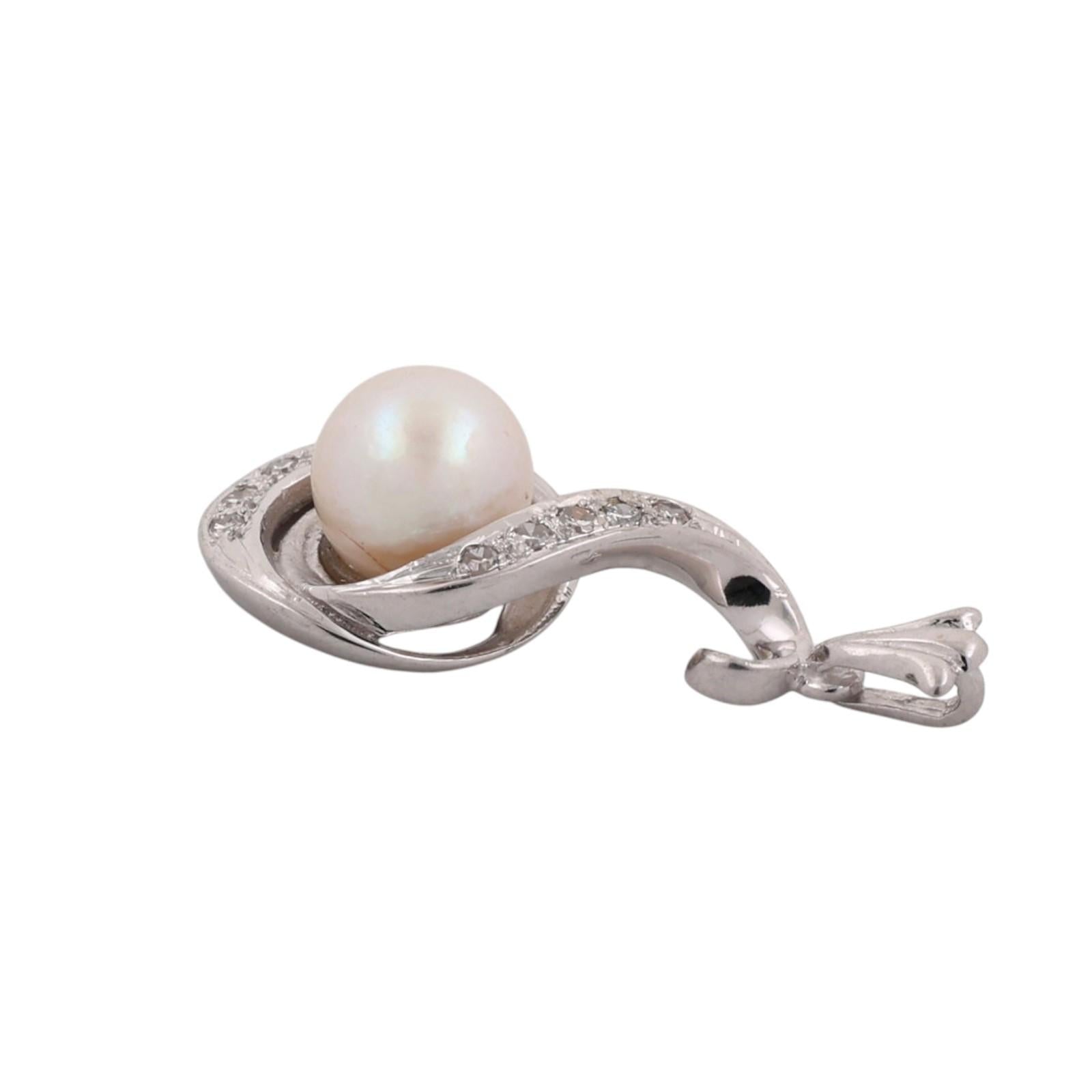 Akoya Pearl Diamond Swirl Pendant White Gold 0.10 CTW 6.85mm Estate