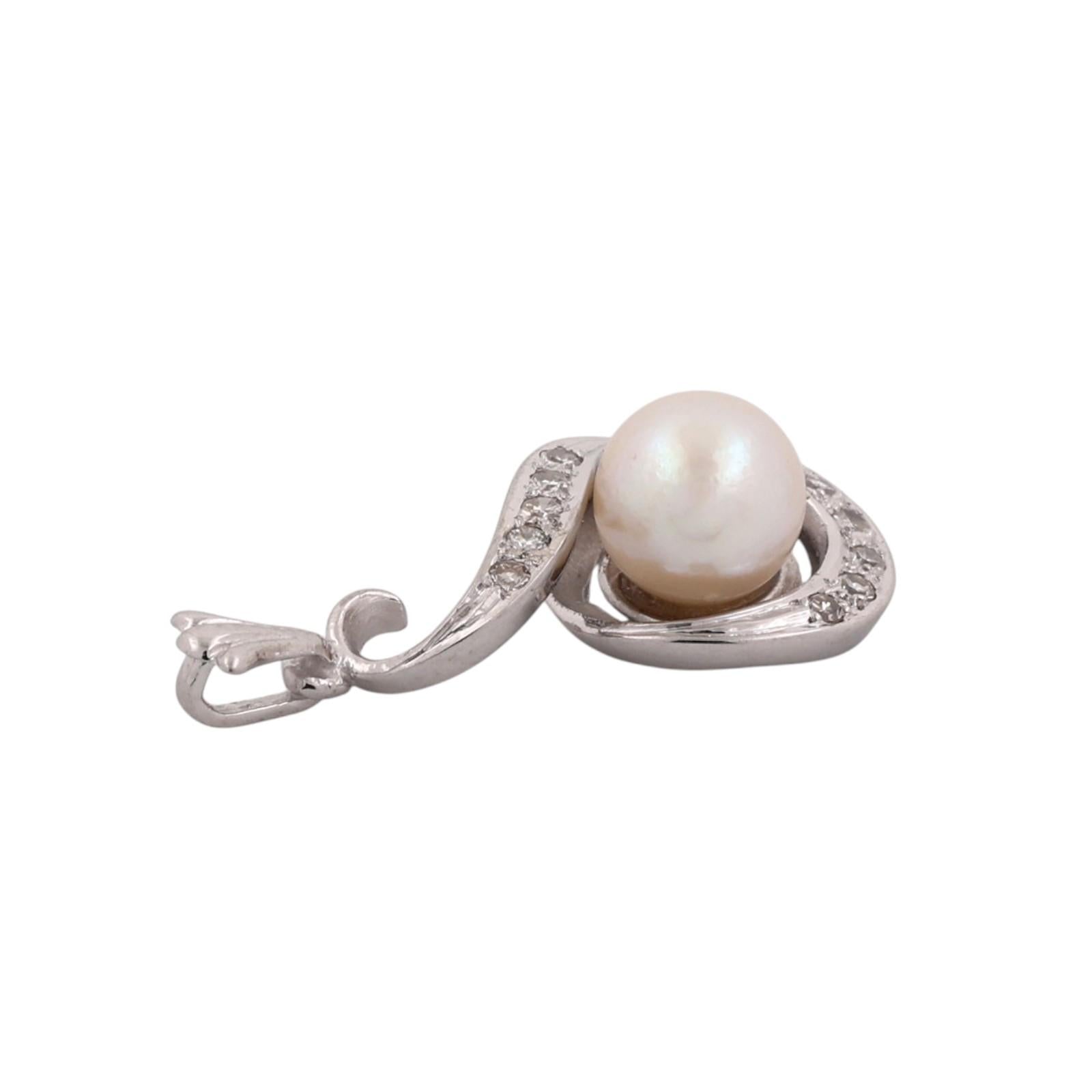 Akoya Pearl Diamond Swirl Pendant White Gold 0.10 CTW 6.85mm Estate