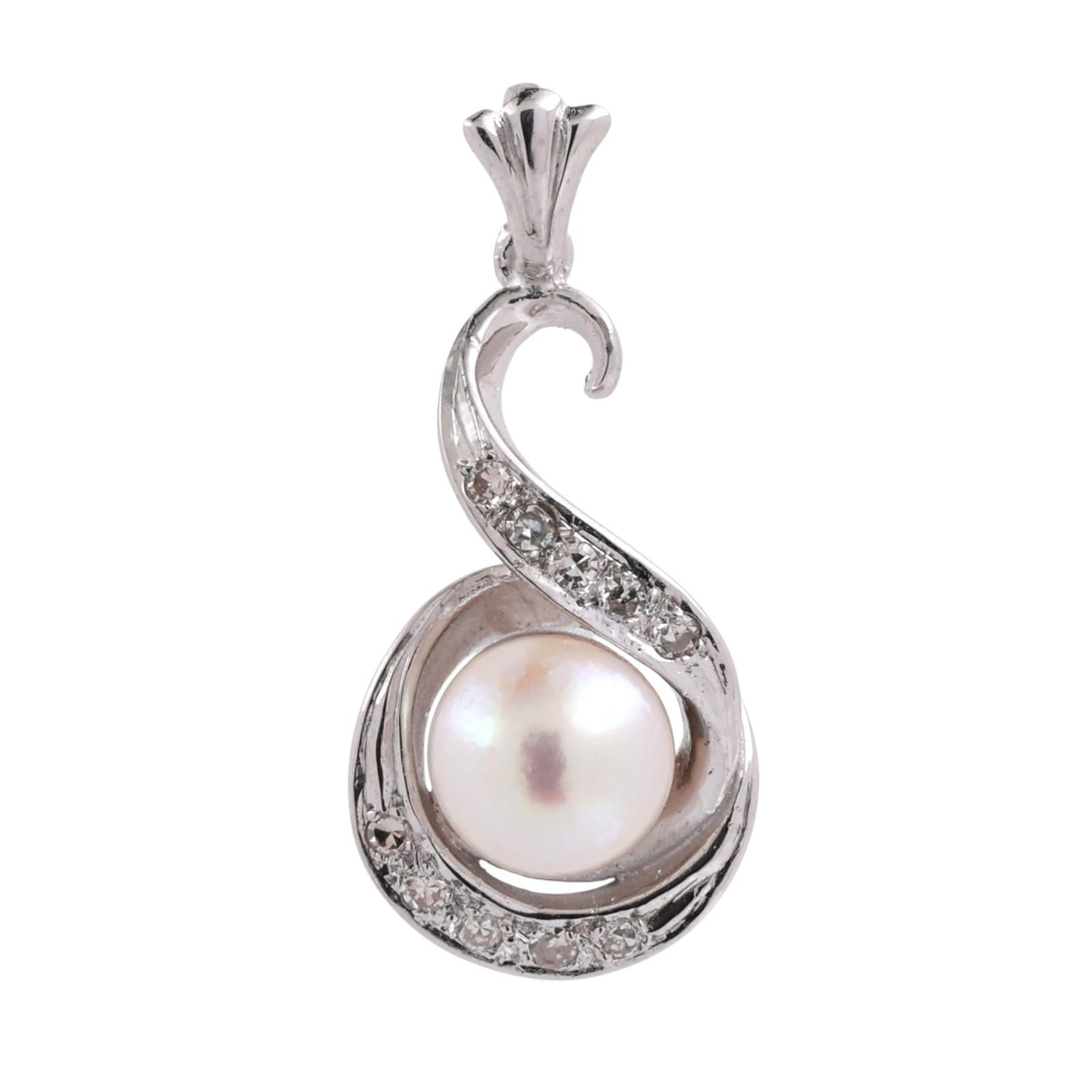14K White Gold Akoya Pearl Diamond Pendant Natural Pearl Estate