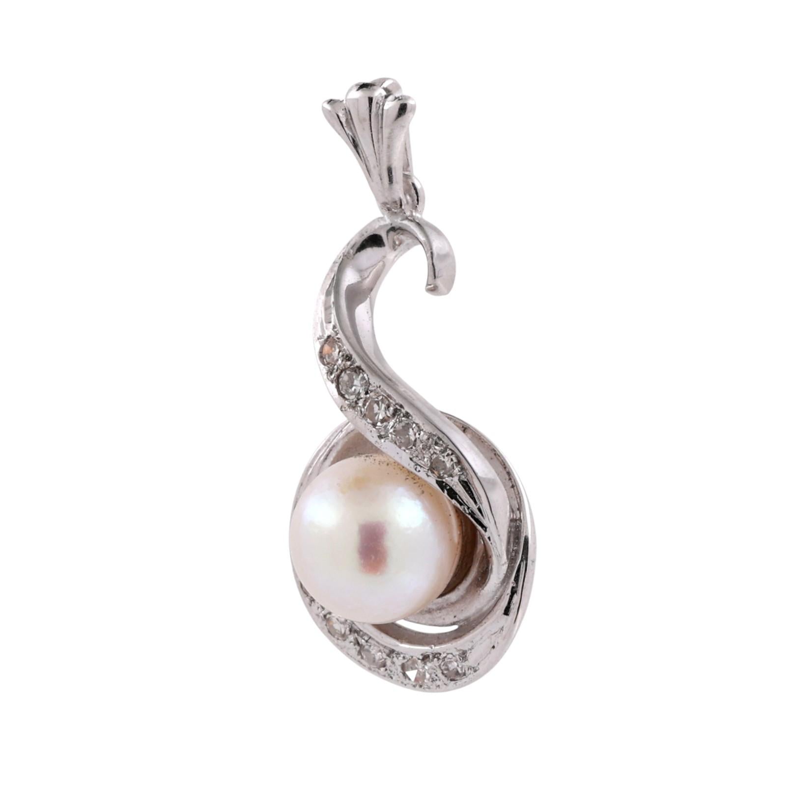 14K White Gold Akoya Pearl Diamond Pendant Natural Pearl Estate