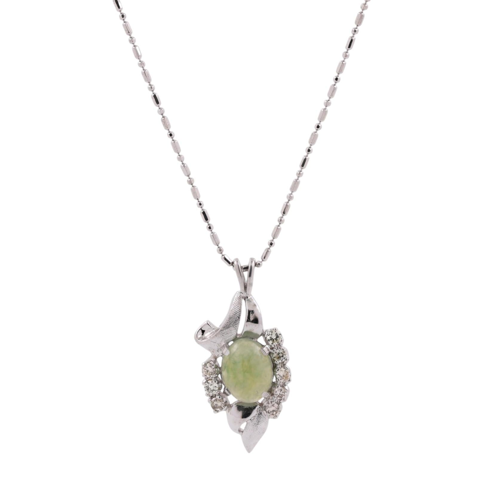 Jadeite Diamond Pendant Chain Necklace 14K White Gold 18" Ladies Estate