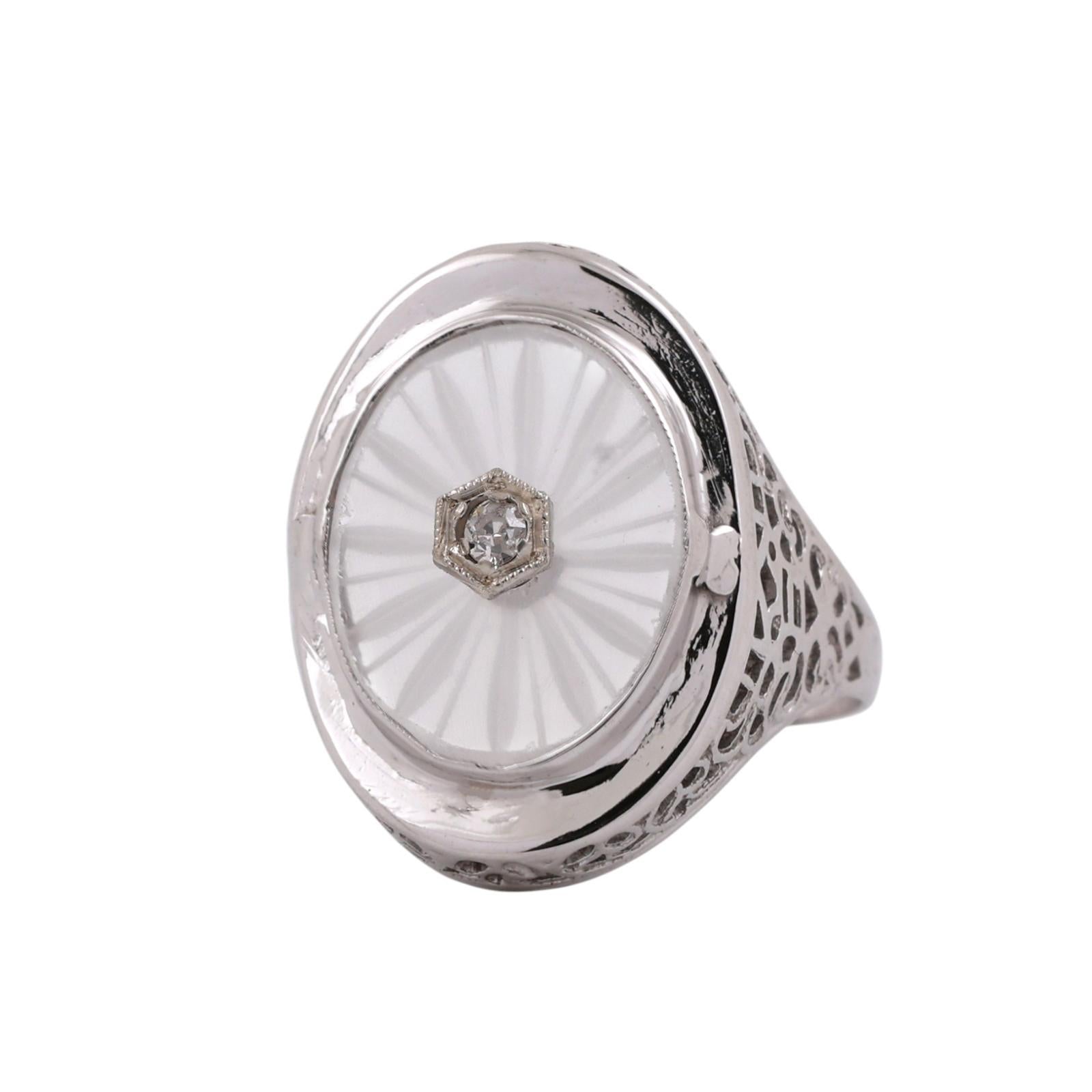 Art Deco Camphor Glass Filigree Diamond Ring 14K White Gold Size 7 Estate