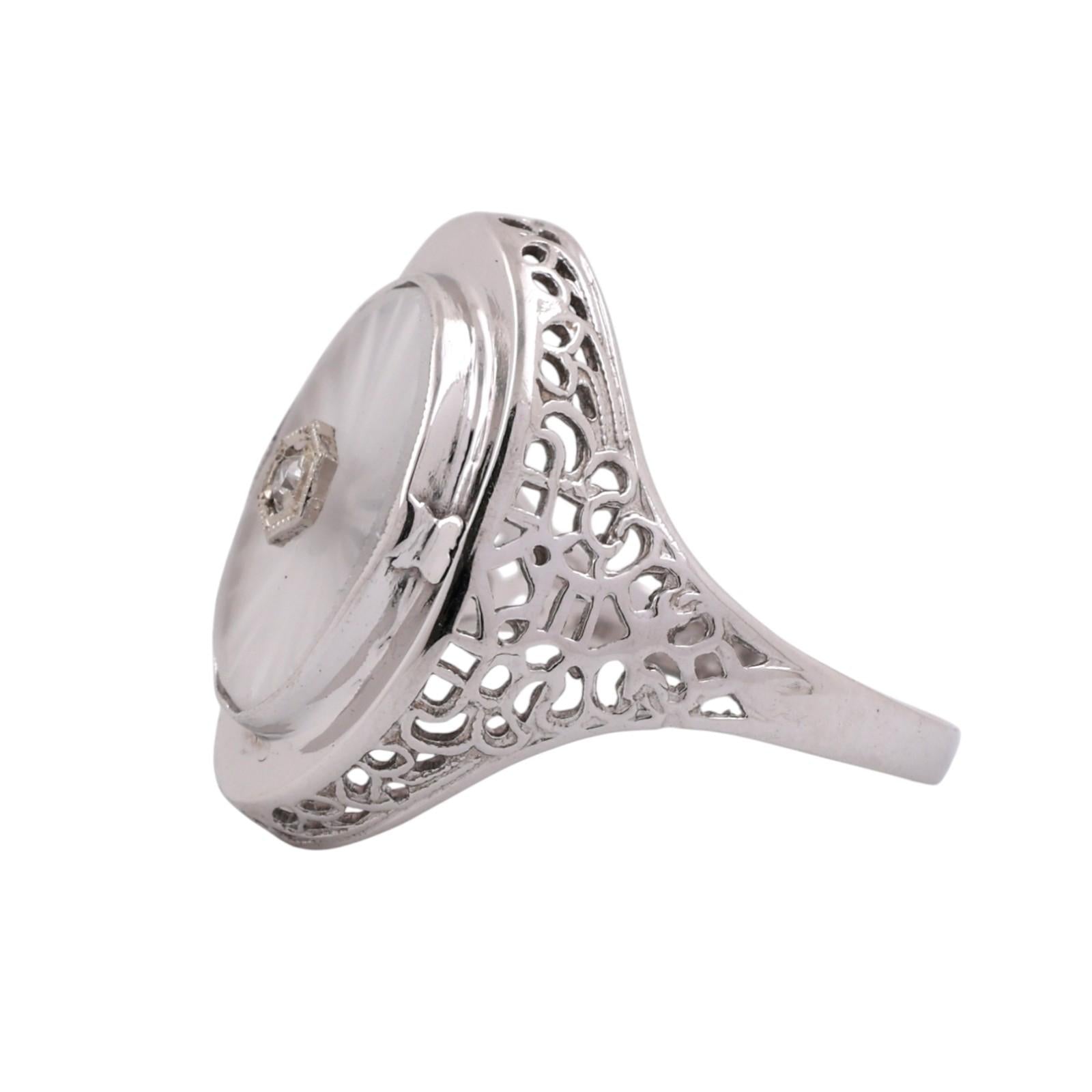 Art Deco Camphor Glass Filigree Diamond Ring 14K White Gold Size 7 Estate
