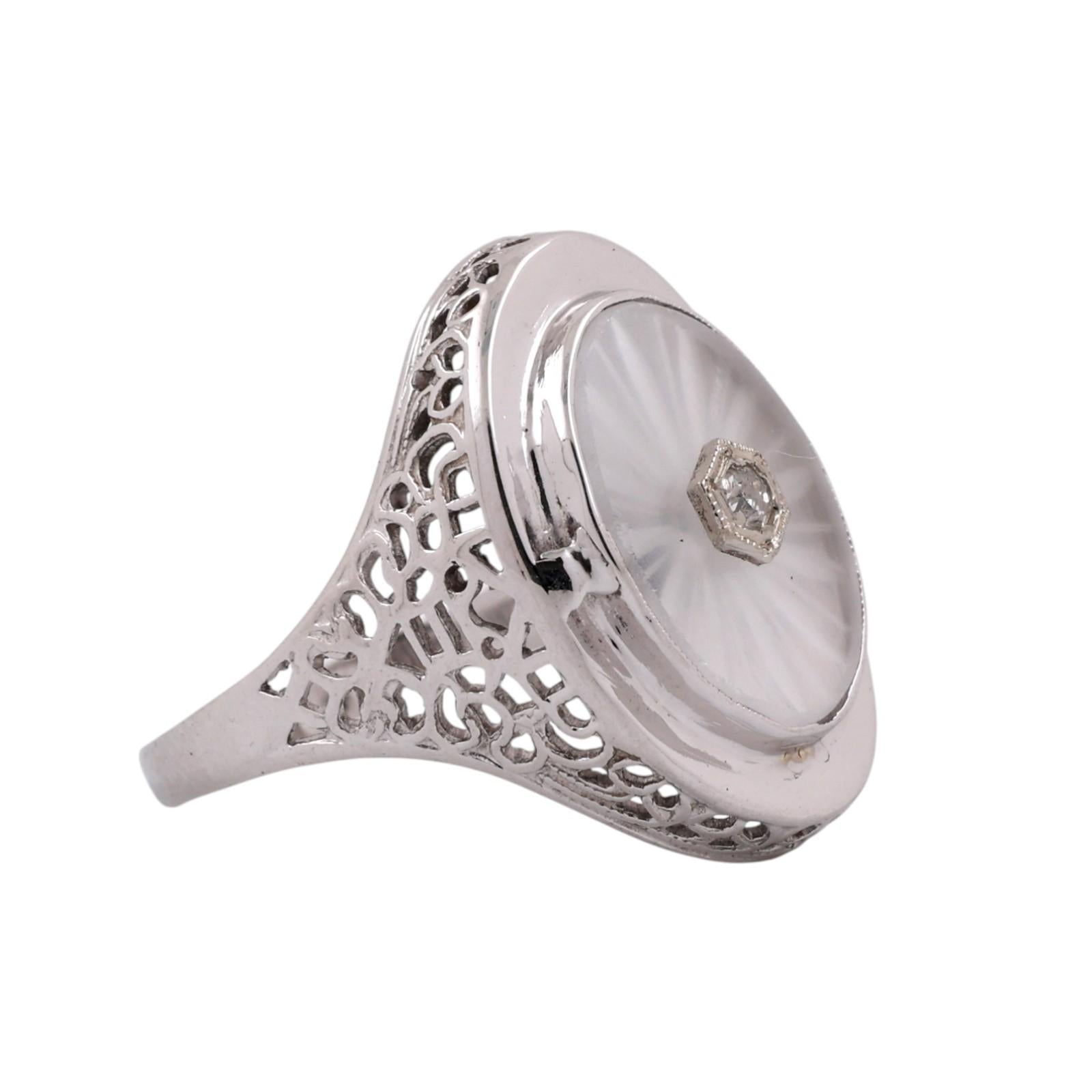 Art Deco Camphor Glass Filigree Diamond Ring 14K White Gold Size 7 Estate