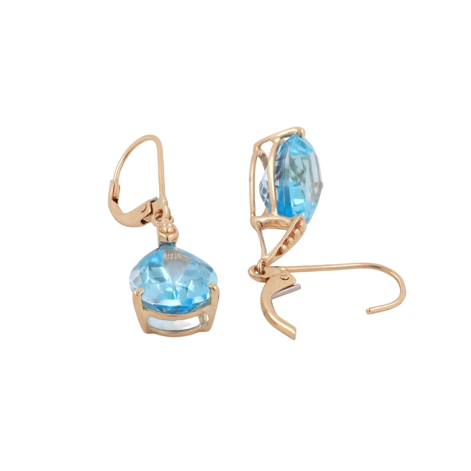 Pear Blue Topaz Drop Dangle Earrings 14K Yellow Gold 7.50 CTW Lever Backs 1.30”