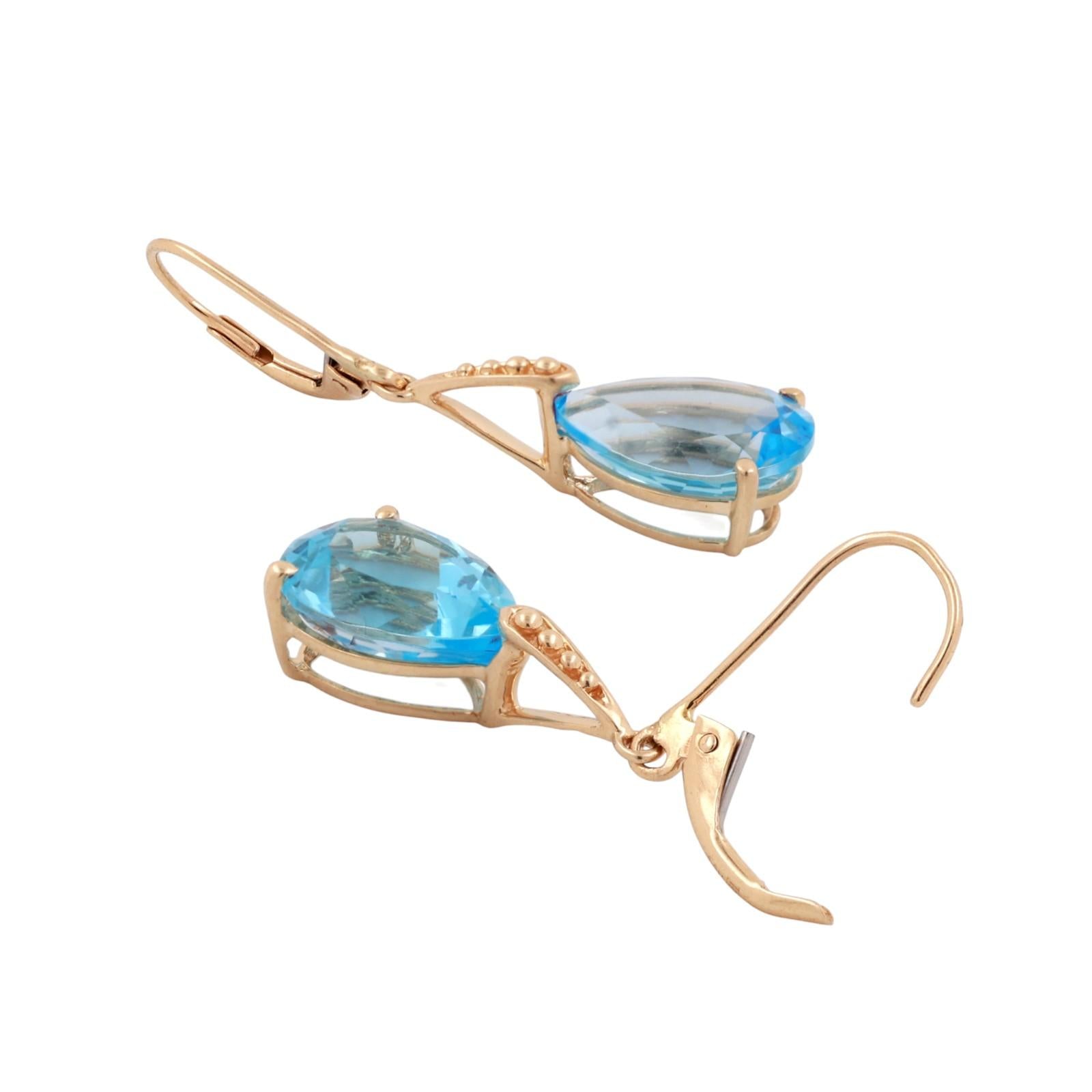 Pear Blue Topaz Drop Dangle Earrings 14K Yellow Gold 7.50 CTW Lever Backs 1.30”