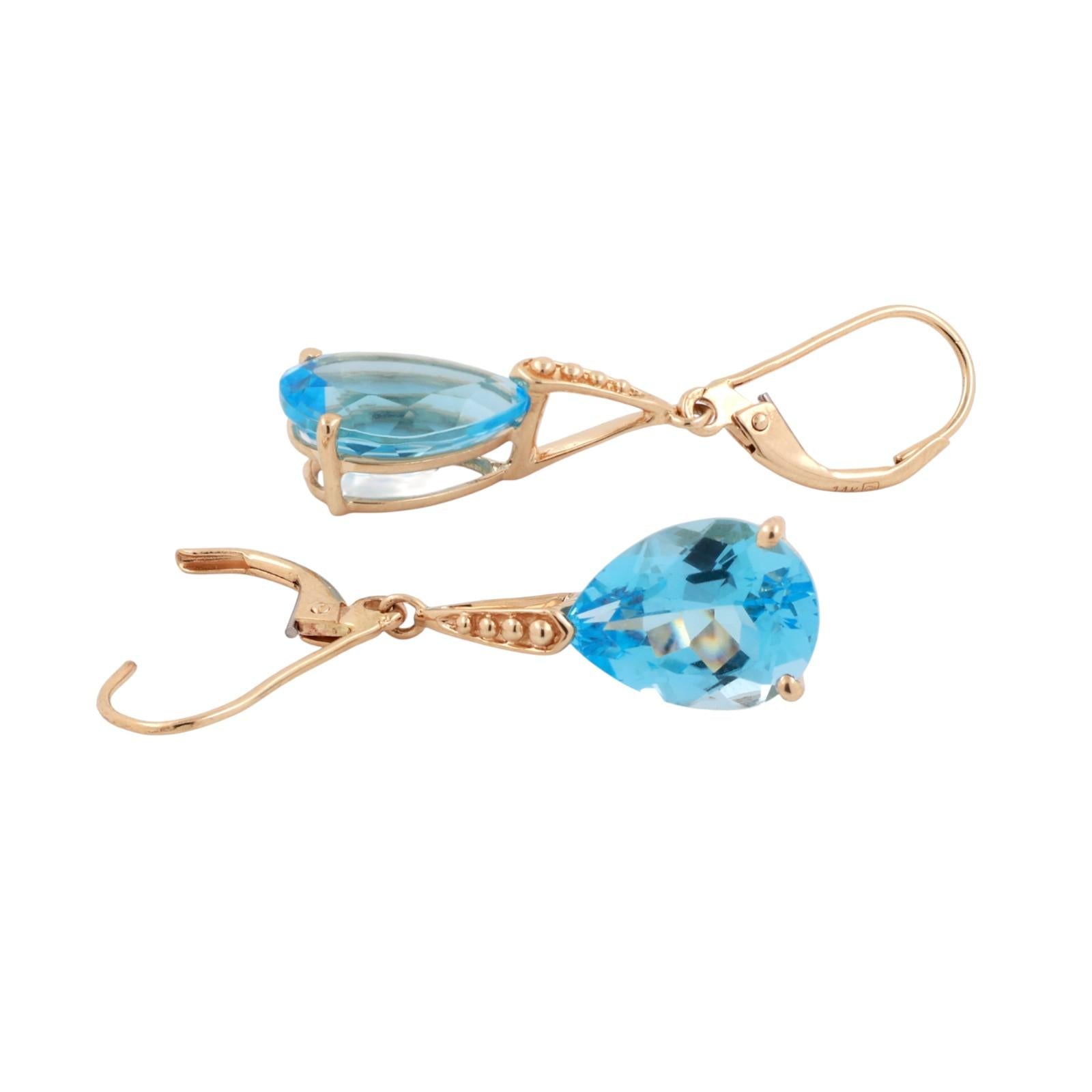 Pear Blue Topaz Drop Dangle Earrings 14K Yellow Gold 7.50 CTW Lever Backs 1.30”
