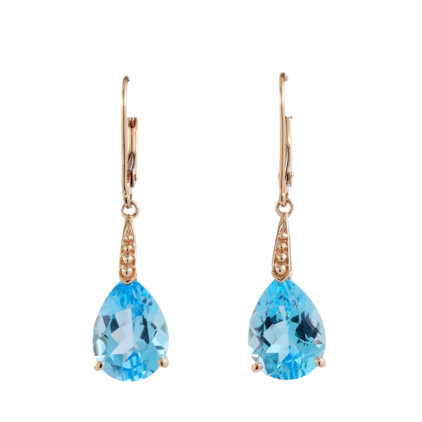 Pear Blue Topaz Drop Dangle Earrings 14K Yellow Gold 7.50 CTW Lever Backs 1.30”