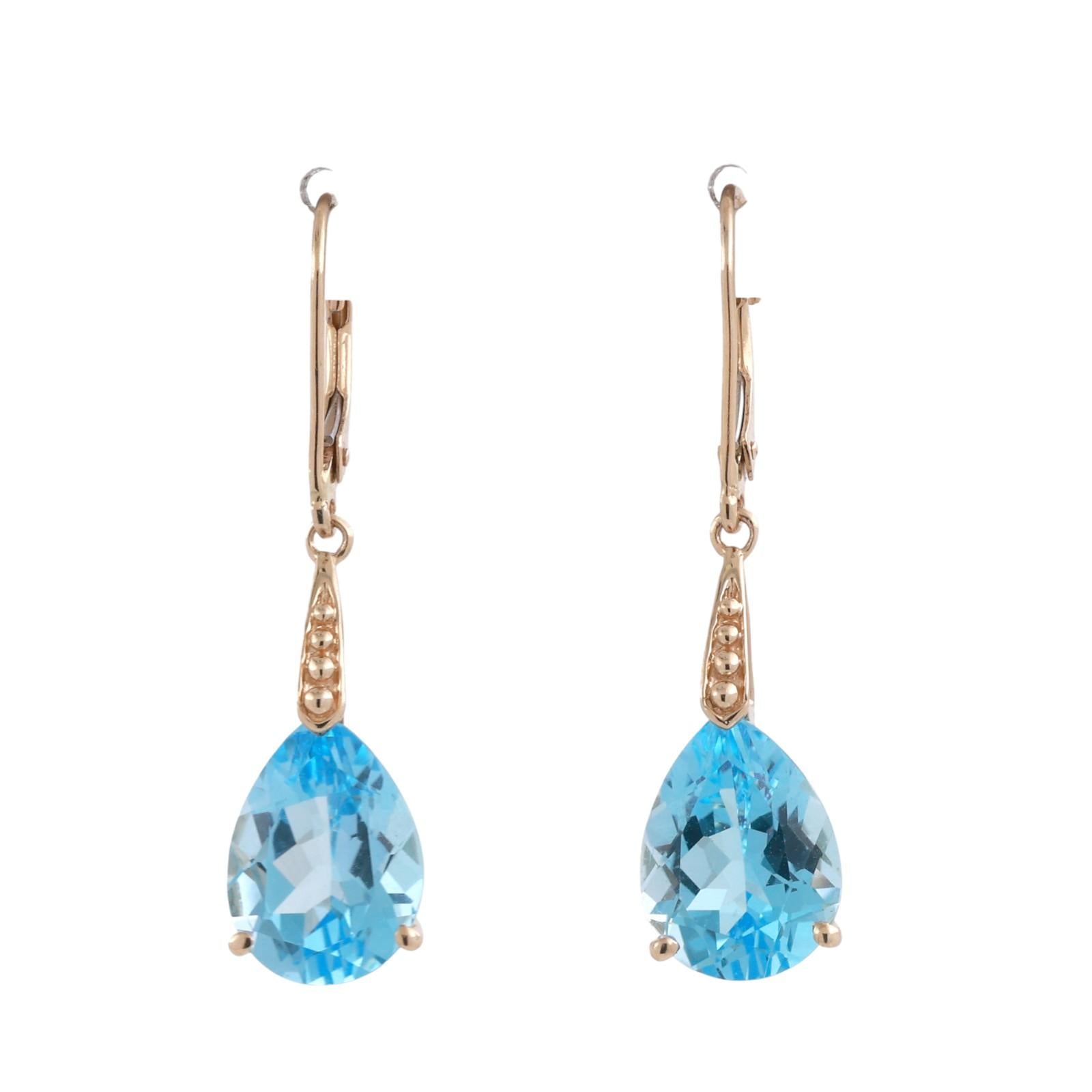 Pear Blue Topaz Drop Dangle Earrings 14K Yellow Gold 7.50 CTW Lever Backs 1.30”