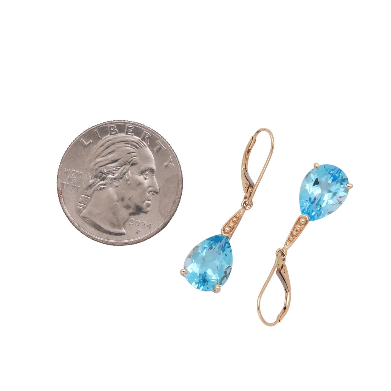 Pear Blue Topaz Drop Dangle Earrings 14K Yellow Gold 7.50 CTW Lever Backs 1.30”