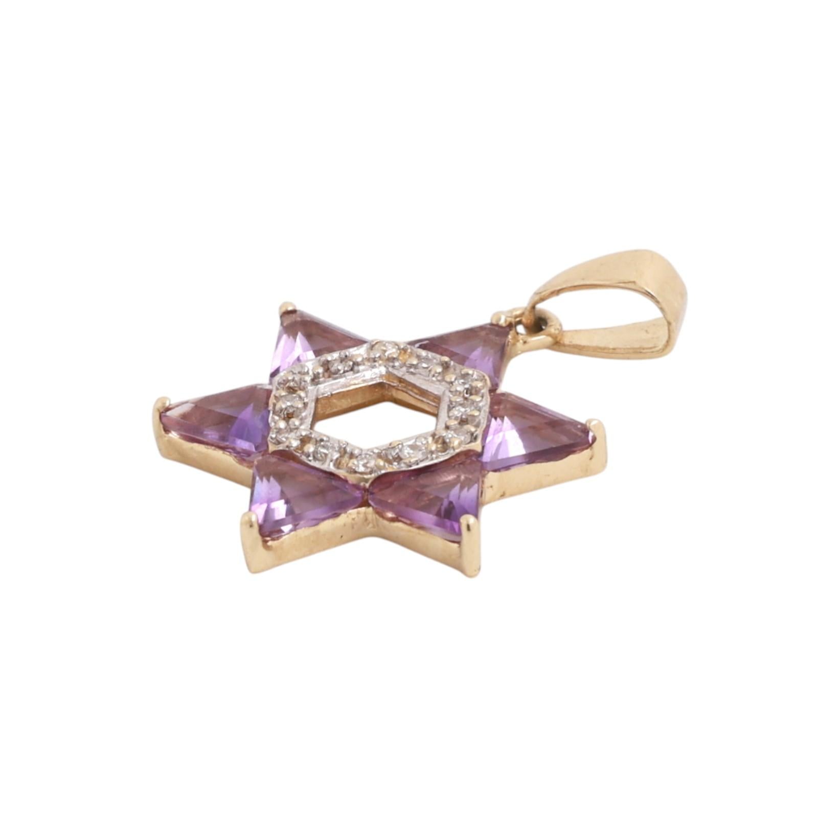 Religious Star of David Amethyst Diamond Pendant Charm Two-Tone Gold 1.15"
