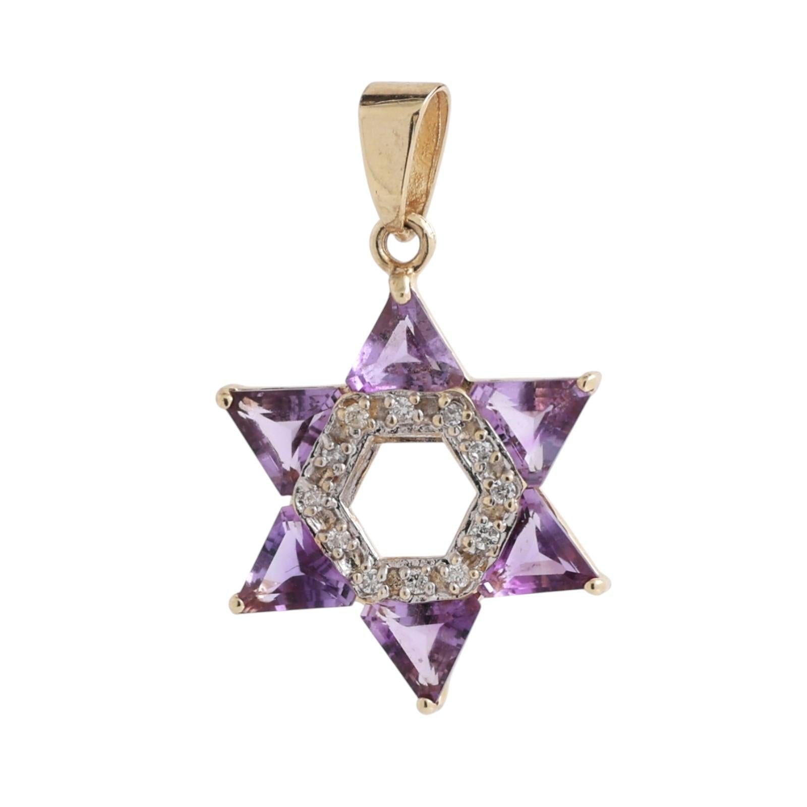 Religious Star of David Amethyst Diamond Pendant Charm Two-Tone Gold 1.15"