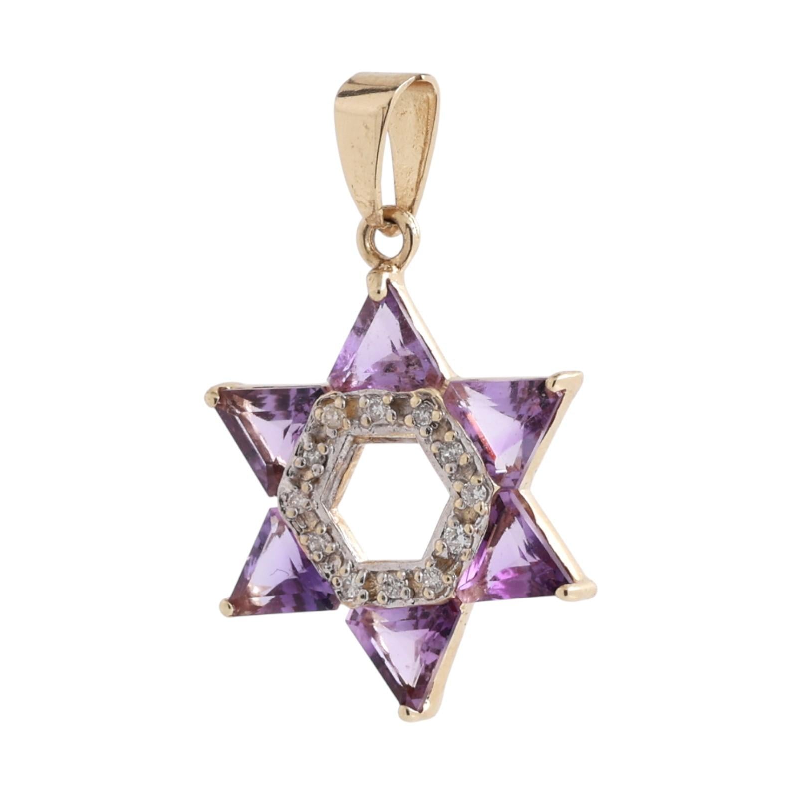 Religious Star of David Amethyst Diamond Pendant Charm Two-Tone Gold 1.15"