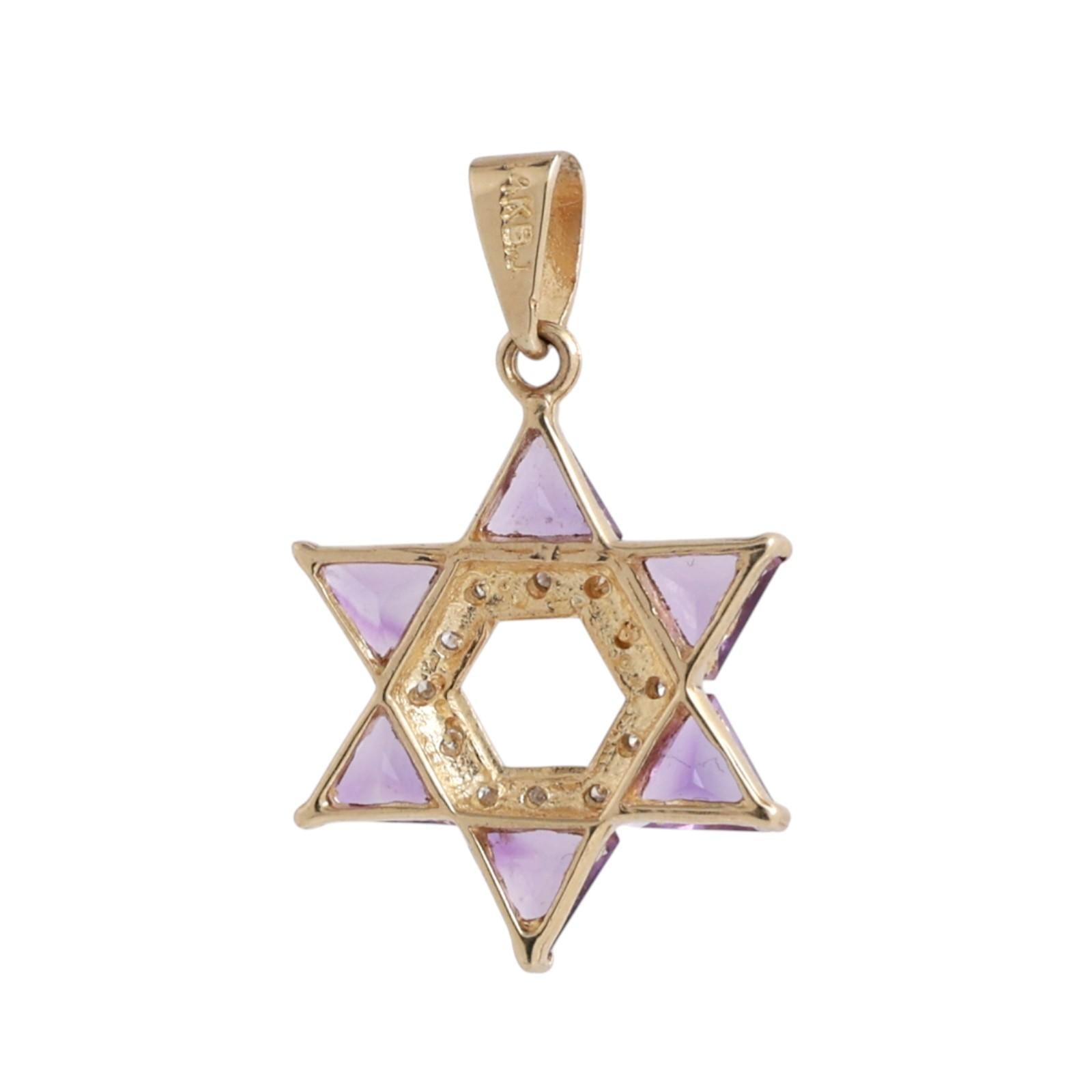 Religious Star of David Amethyst Diamond Pendant Charm Two-Tone Gold 1.15"
