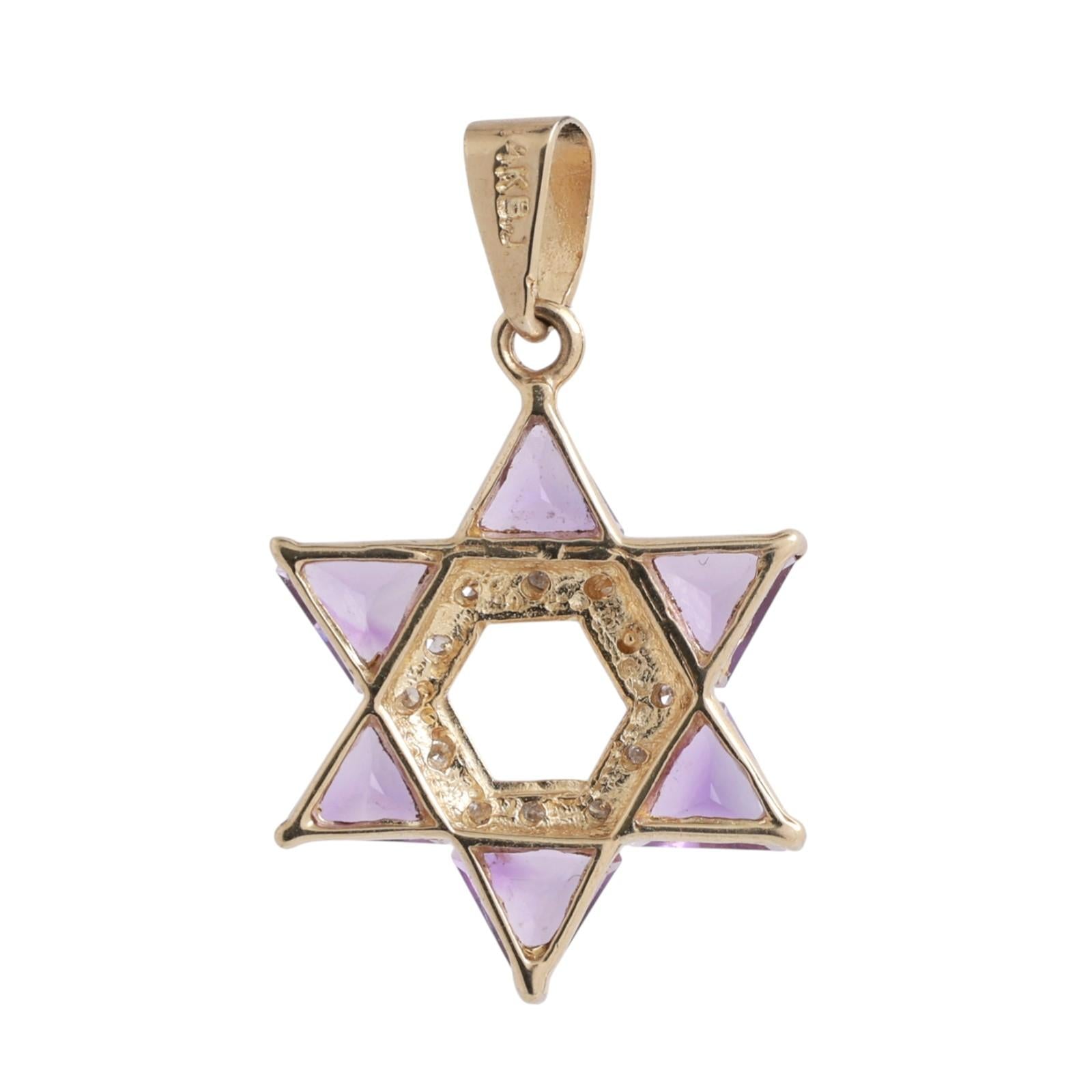 Religious Star of David Amethyst Diamond Pendant Charm Two-Tone Gold 1.15"