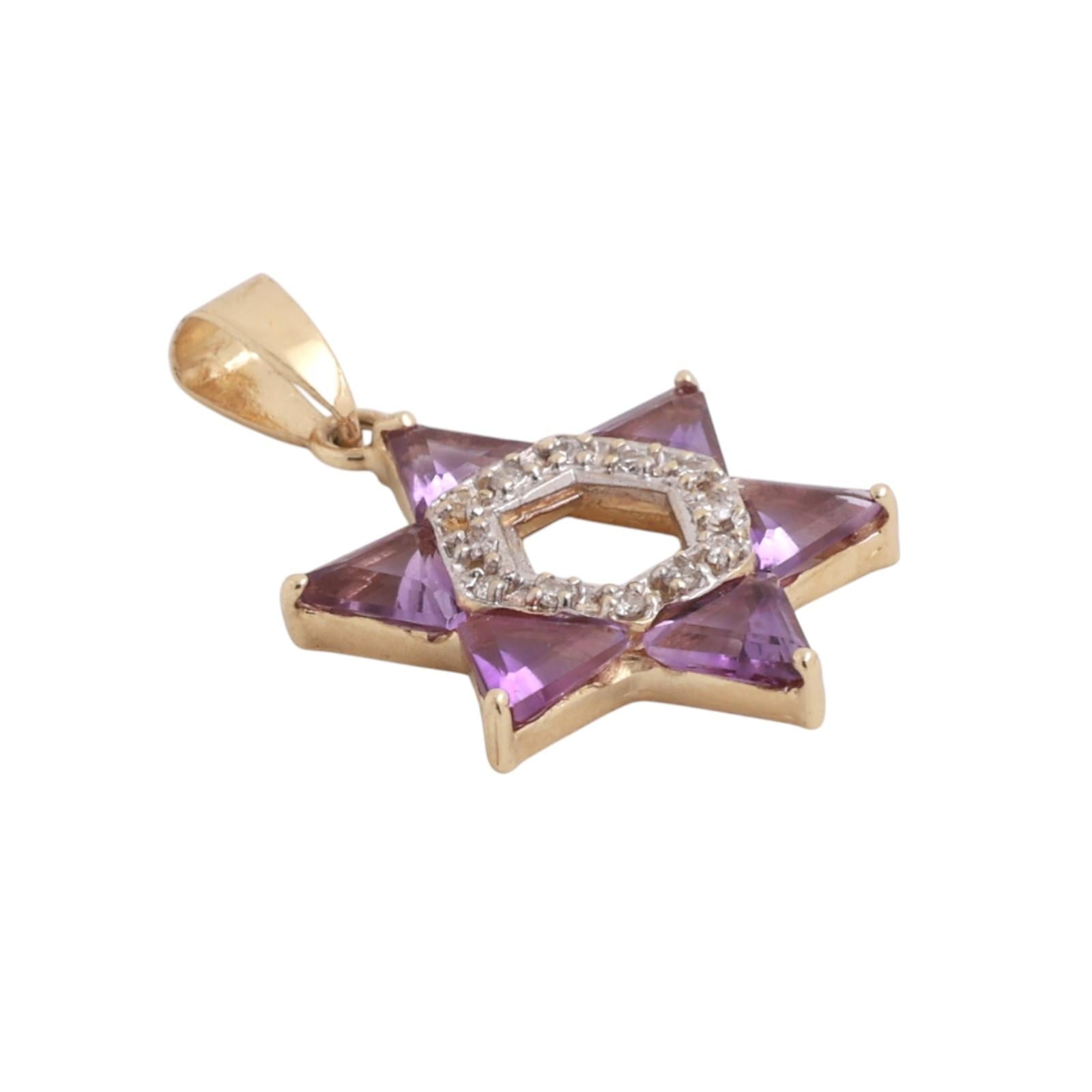 Religious Star of David Amethyst Diamond Pendant Charm Two-Tone Gold 1.15"