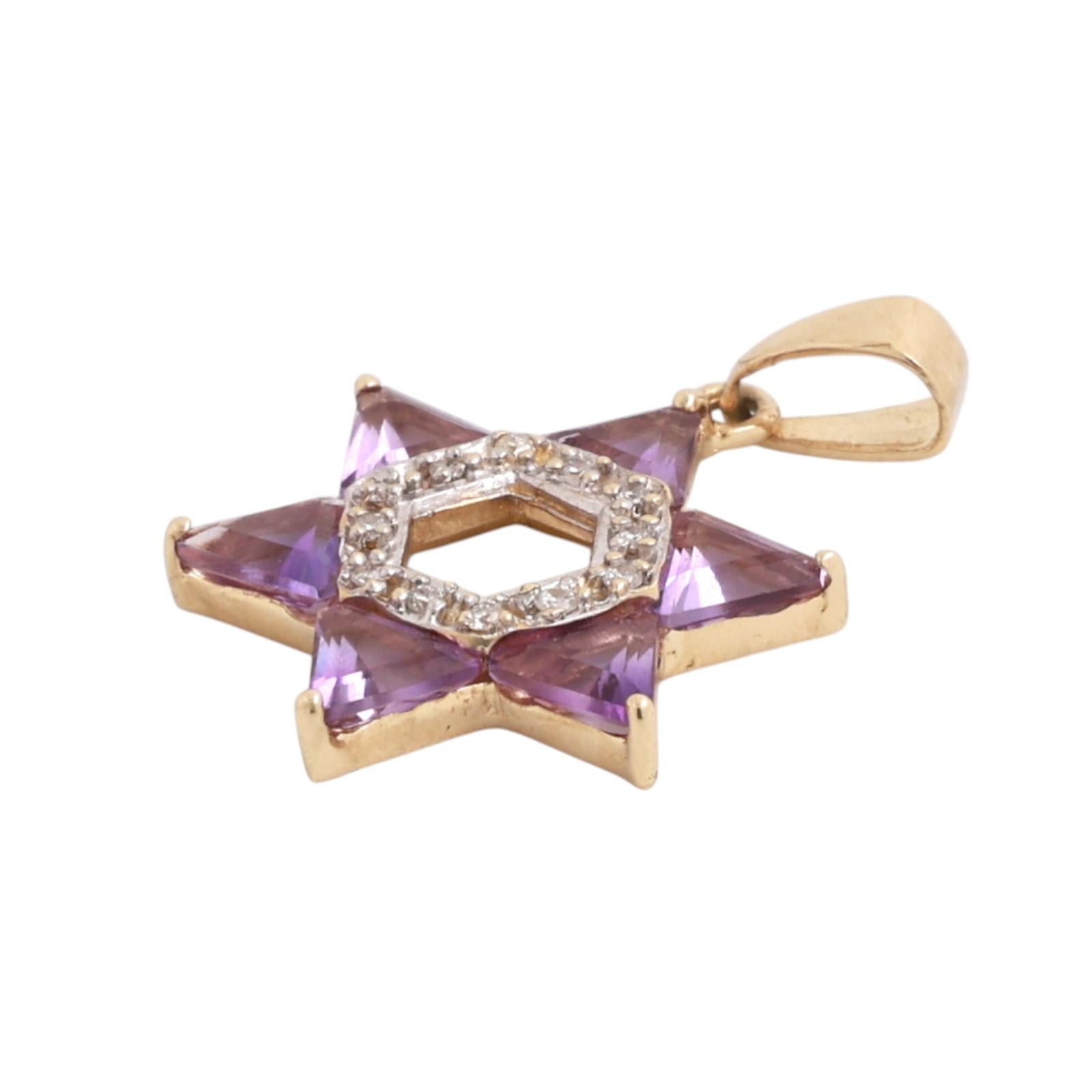 Religious Star of David Amethyst Diamond Pendant Charm Two-Tone Gold 1.15"