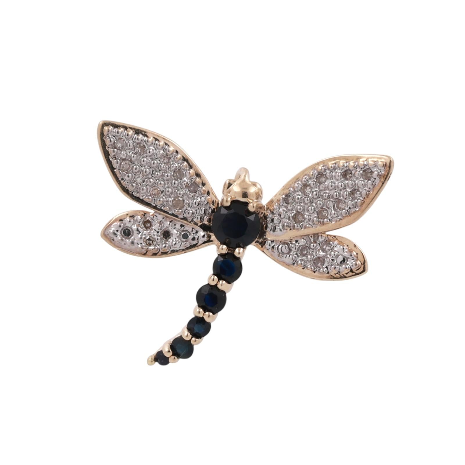 Diamond Sapphire Dragonfly Pendant Charm 10K Gold 0.60 CTW 0.70" Estate