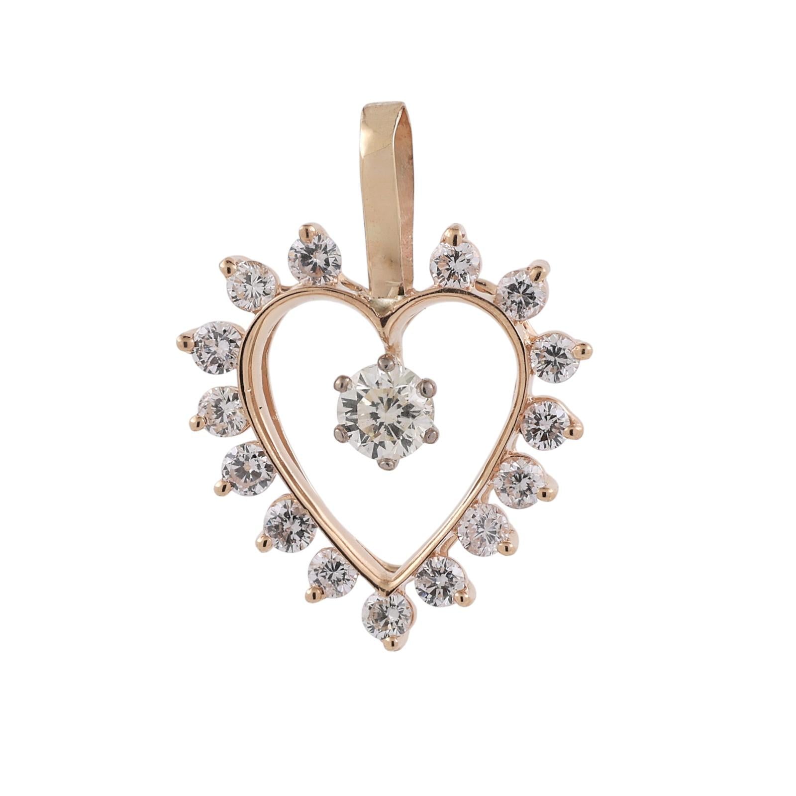Vintage Diamond Open Heart Pendant Charm Yellow Gold 2.75 TW 1.30" Ladies
