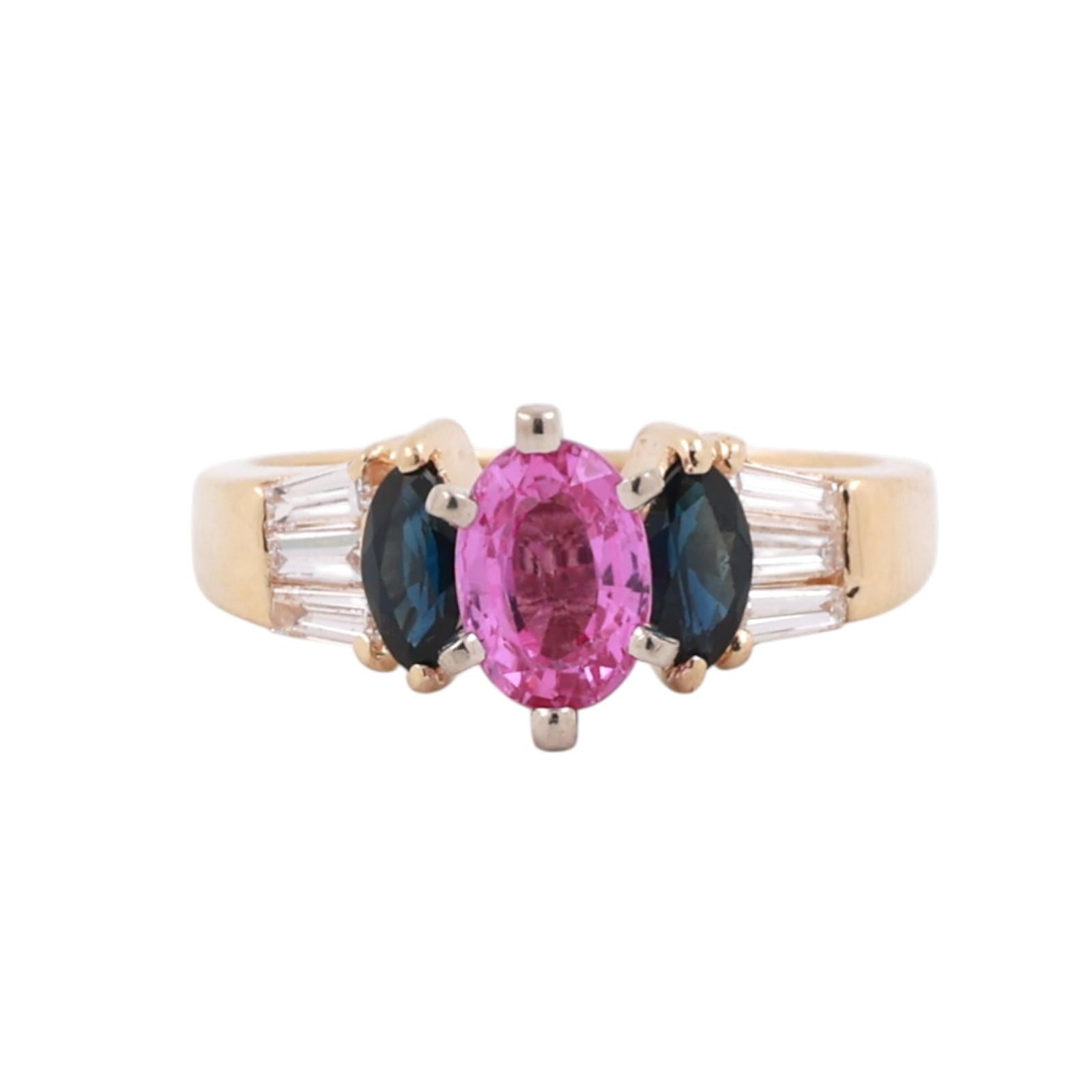 Pink And Blue Sapphire Diamond Accent Cocktail Ring 14K Gold 1.46 CTW Size 6