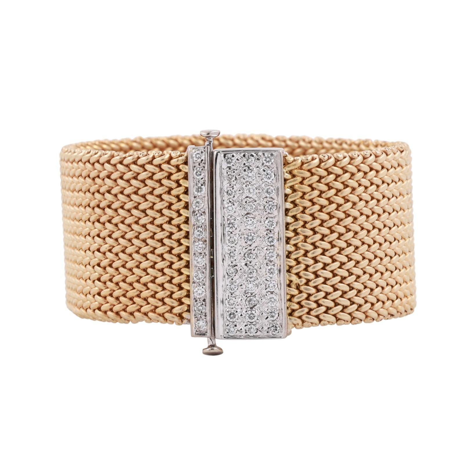Vintage Diamond Wide Mesh Bracelet 14K Gold 1.20 TW 25 mm Wide 6.5" Ladies
