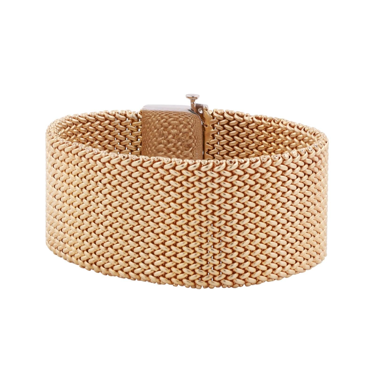 Vintage Diamond Wide Mesh Bracelet 14K Gold 1.20 TW 25 mm Wide 6.5" Ladies