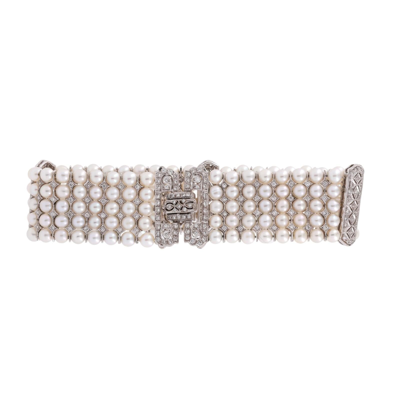 Vintage Multi-Row Cultured Pearl Diamond Bracelet White Gold 2.25 TW 7.25"