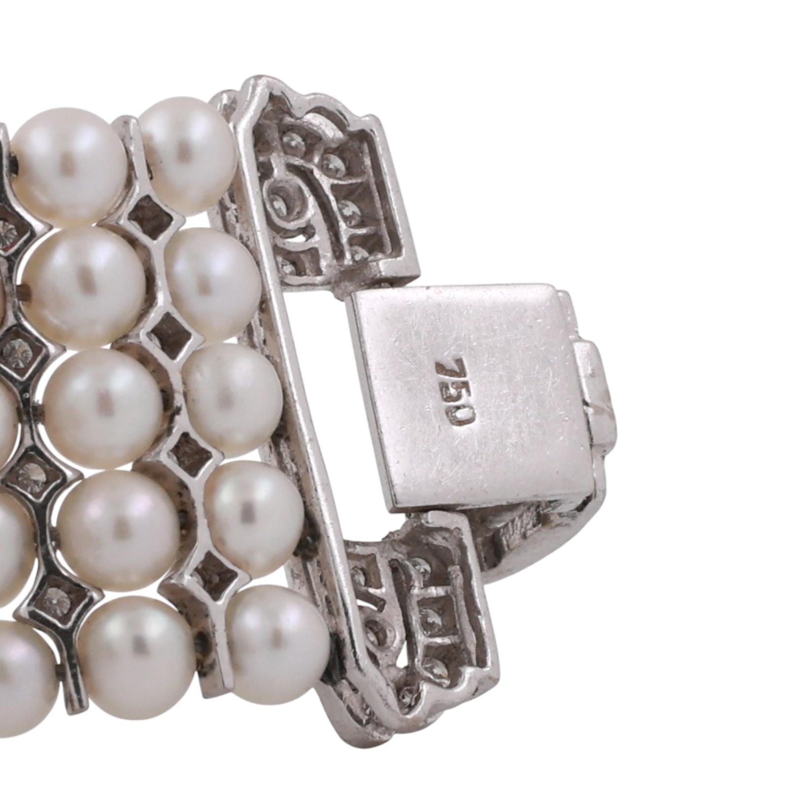 Vintage Multi-Row Cultured Pearl Diamond Bracelet White Gold 2.25 TW 7.25"