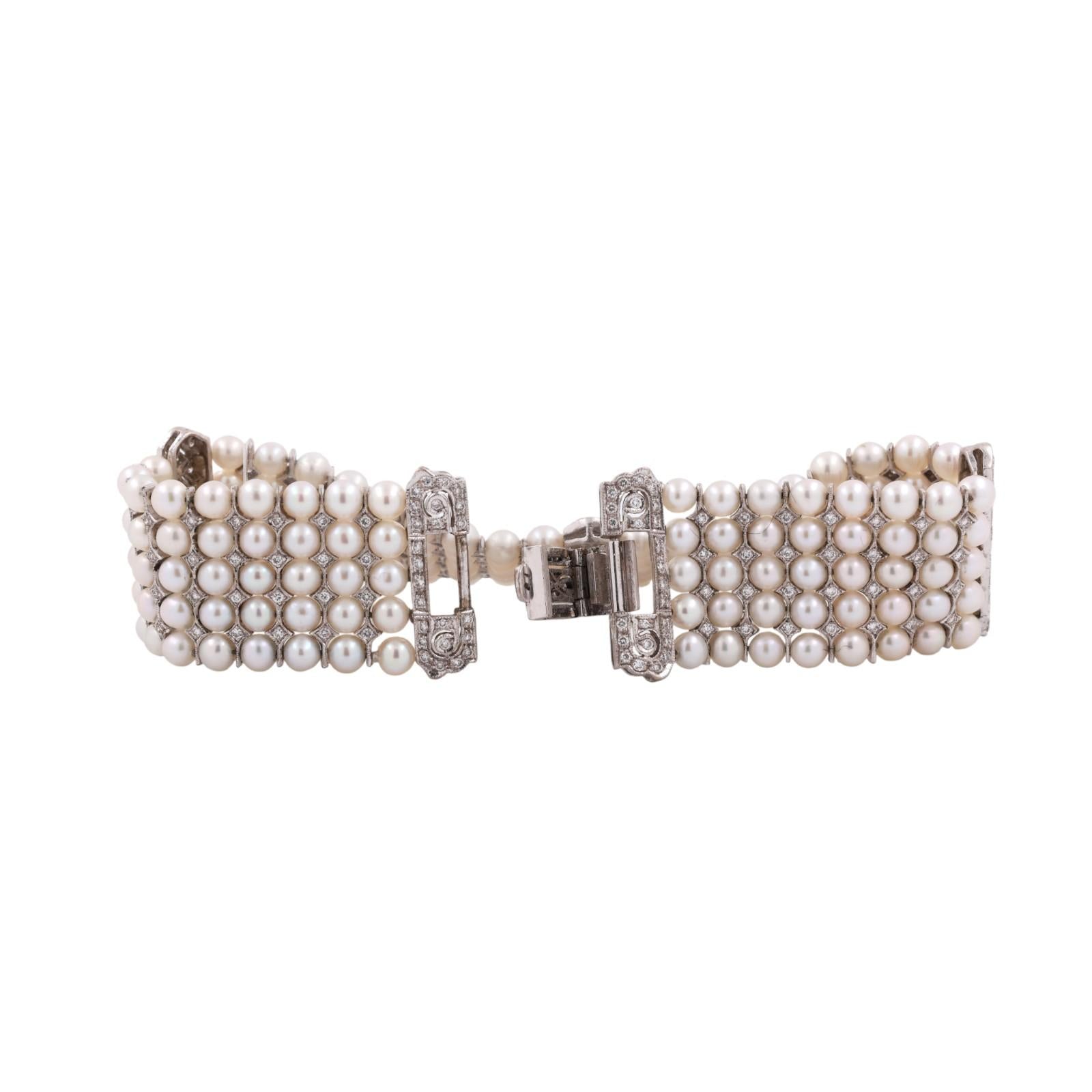 Vintage Multi-Row Cultured Pearl Diamond Bracelet White Gold 2.25 TW 7.25"