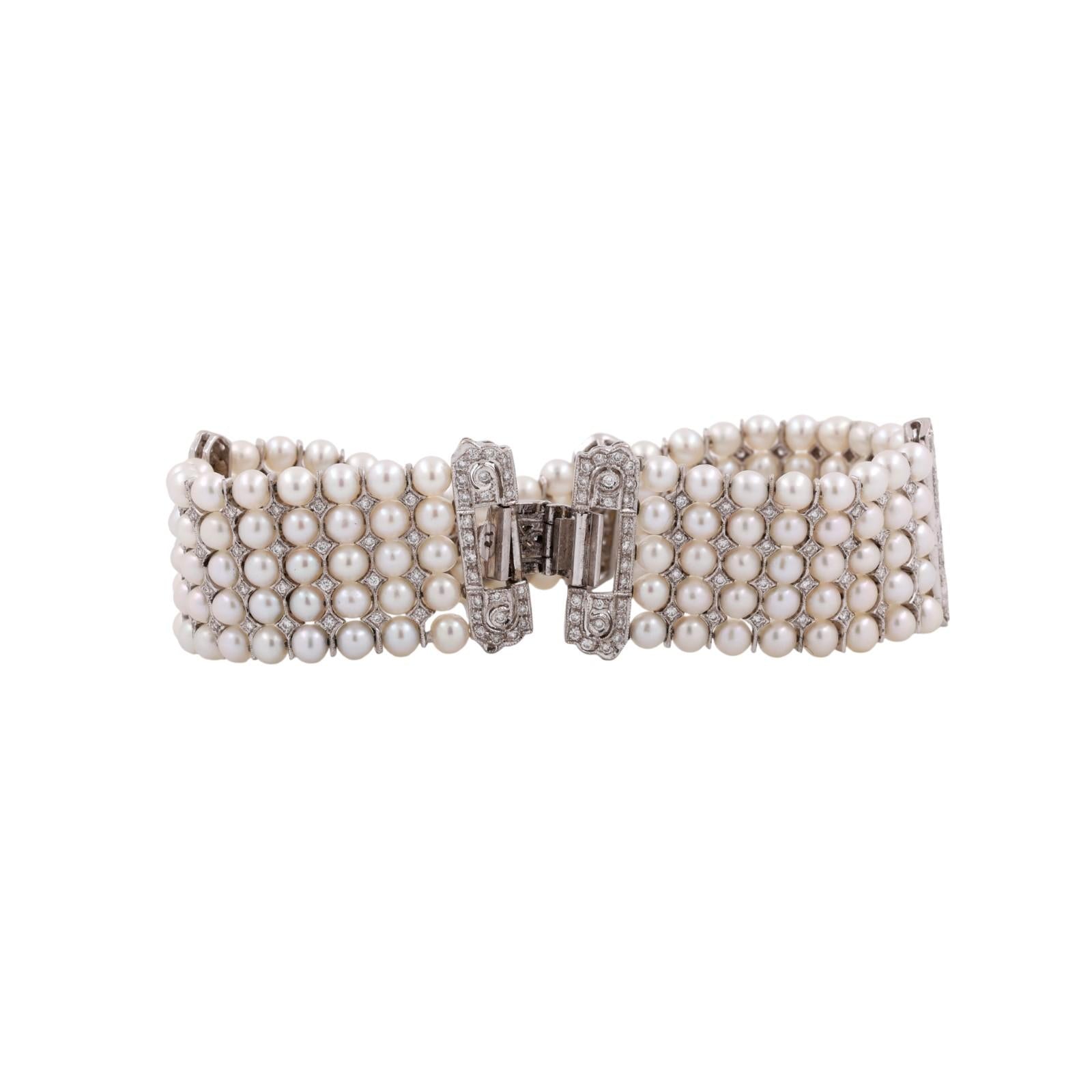 Vintage Multi-Row Cultured Pearl Diamond Bracelet White Gold 2.25 TW 7.25"