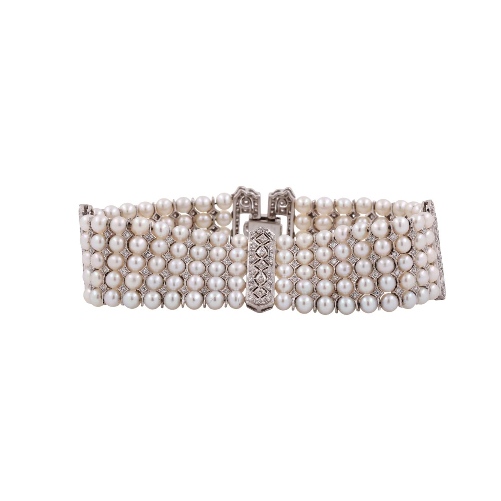 Vintage Multi-Row Cultured Pearl Diamond Bracelet White Gold 2.25 TW 7.25"