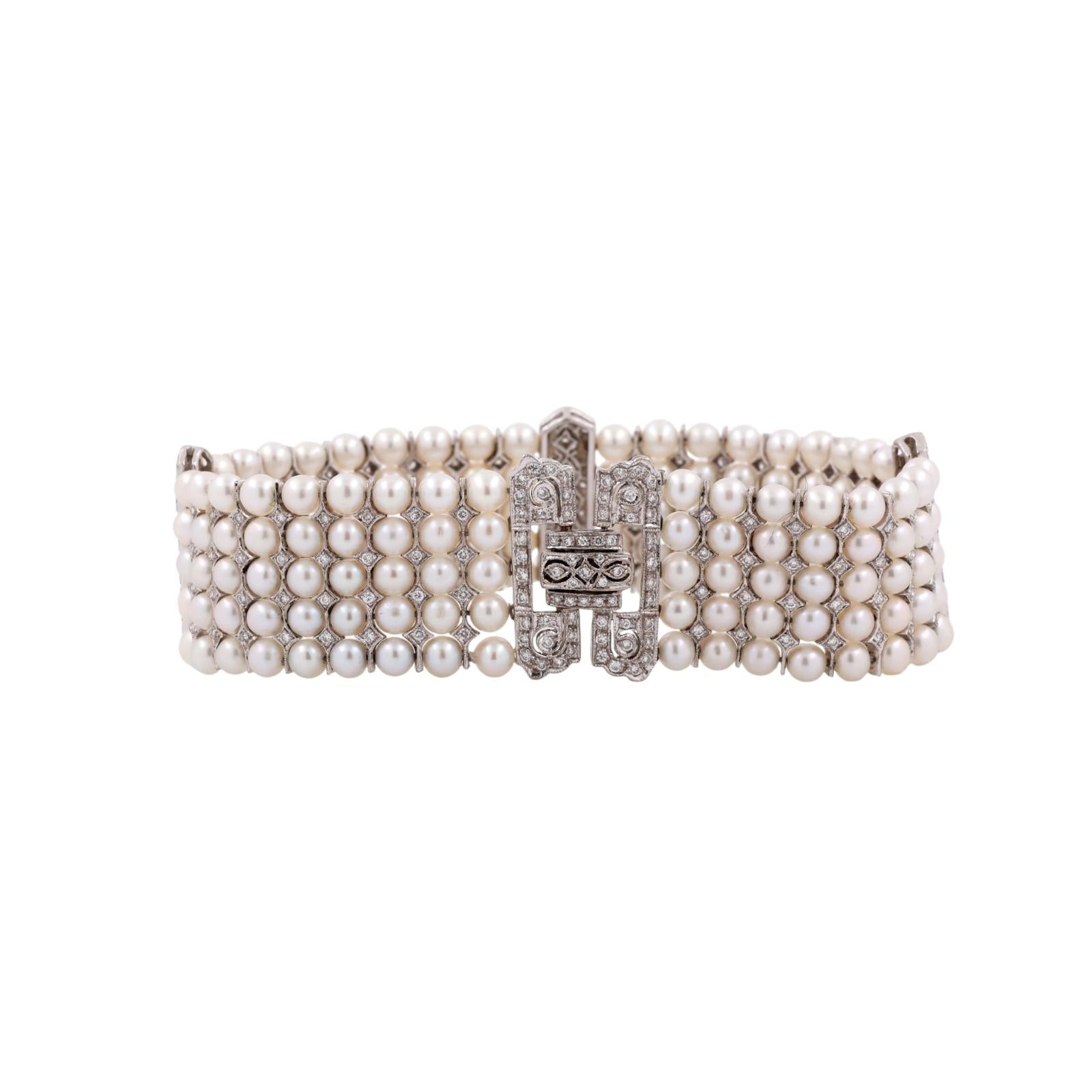 Vintage Multi-Row Cultured Pearl Diamond Bracelet White Gold 2.25 TW 7.25"