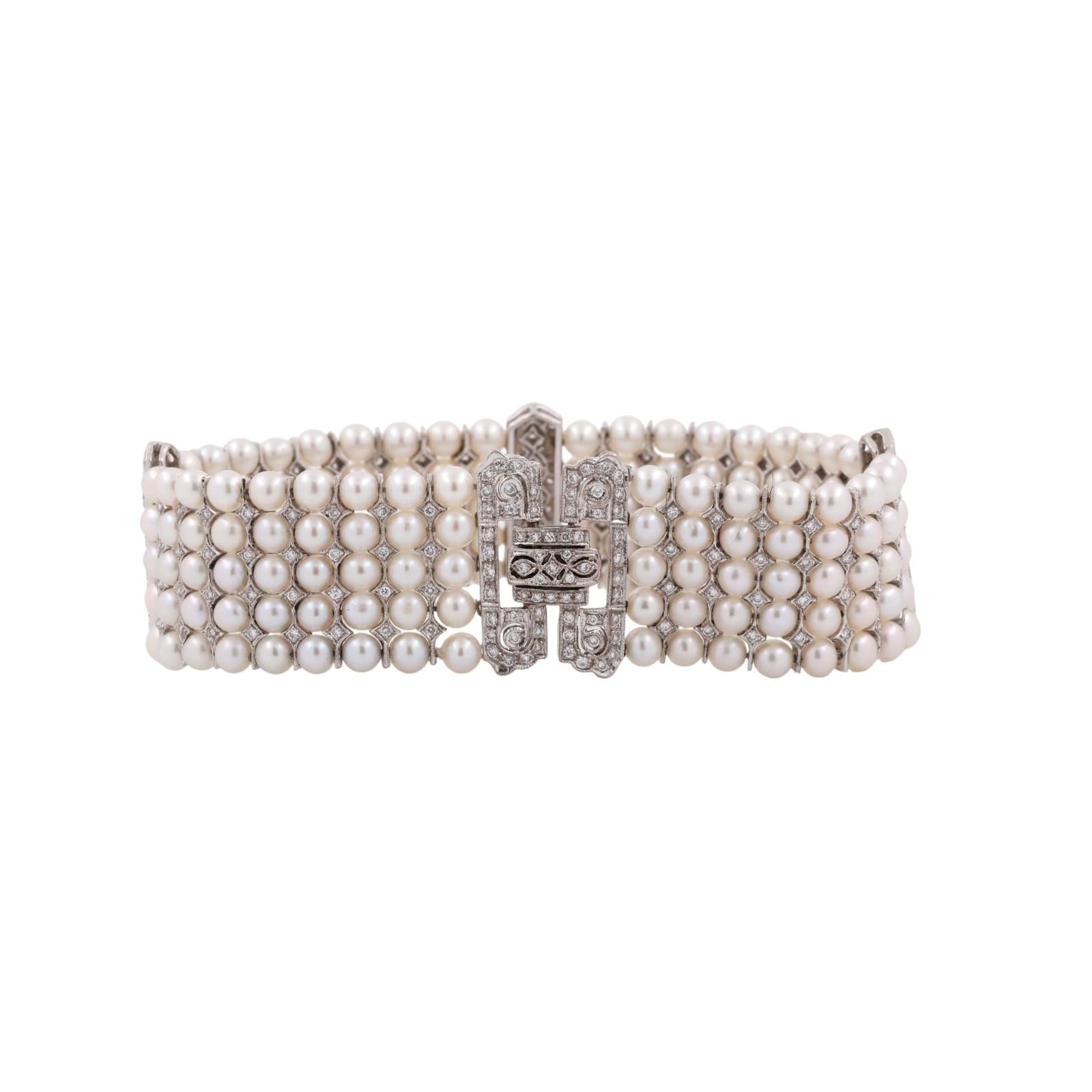 Vintage Multi-Row Cultured Pearl Diamond Bracelet White Gold 2.25 TW 7.25"