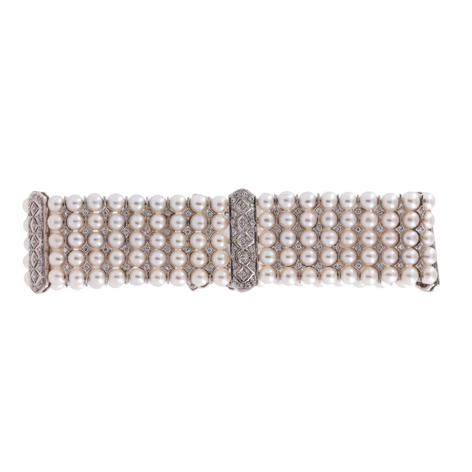 Vintage Multi-Row Cultured Pearl Diamond Bracelet White Gold 2.25 TW 7.25"
