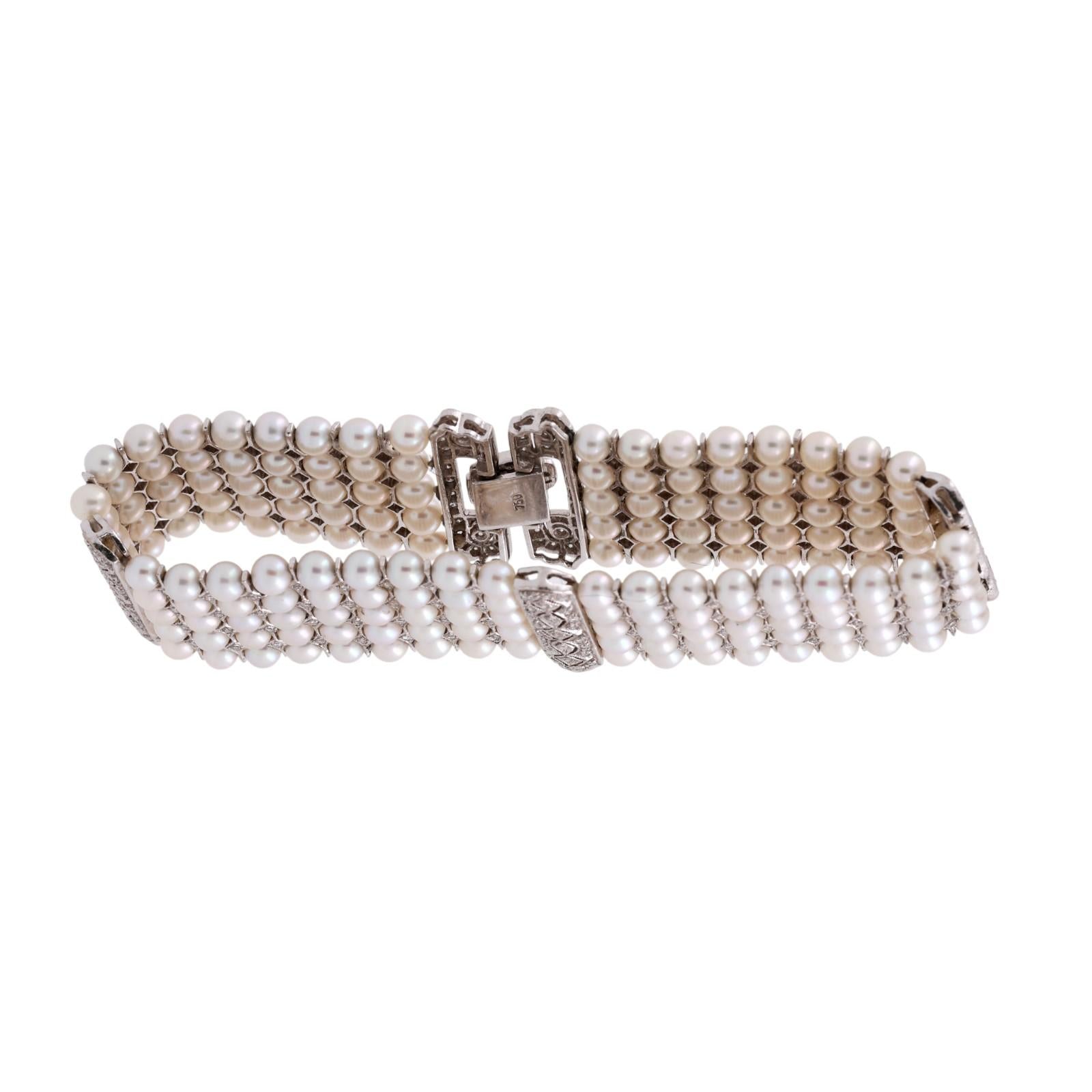 Vintage Multi-Row Cultured Pearl Diamond Bracelet White Gold 2.25 TW 7.25"