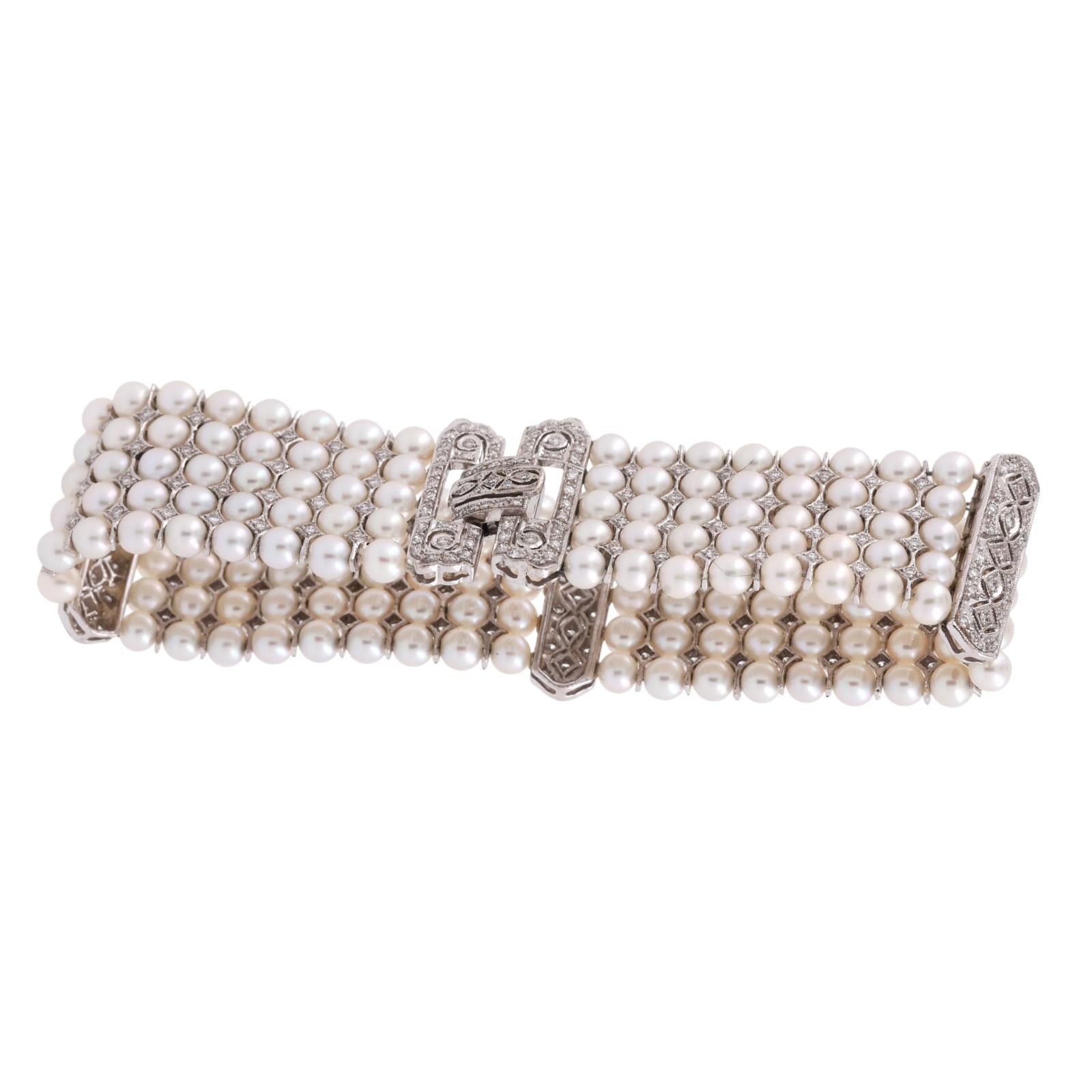Vintage Multi-Row Cultured Pearl Diamond Bracelet White Gold 2.25 TW 7.25"